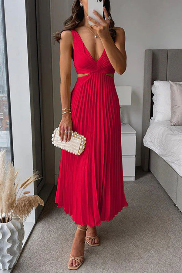 Elegant Summer Floral Print Pleated Cutout Waist Loose Midi Dress for Women - Perfect for Beach Vacations, Garden Parties & Casual Outings