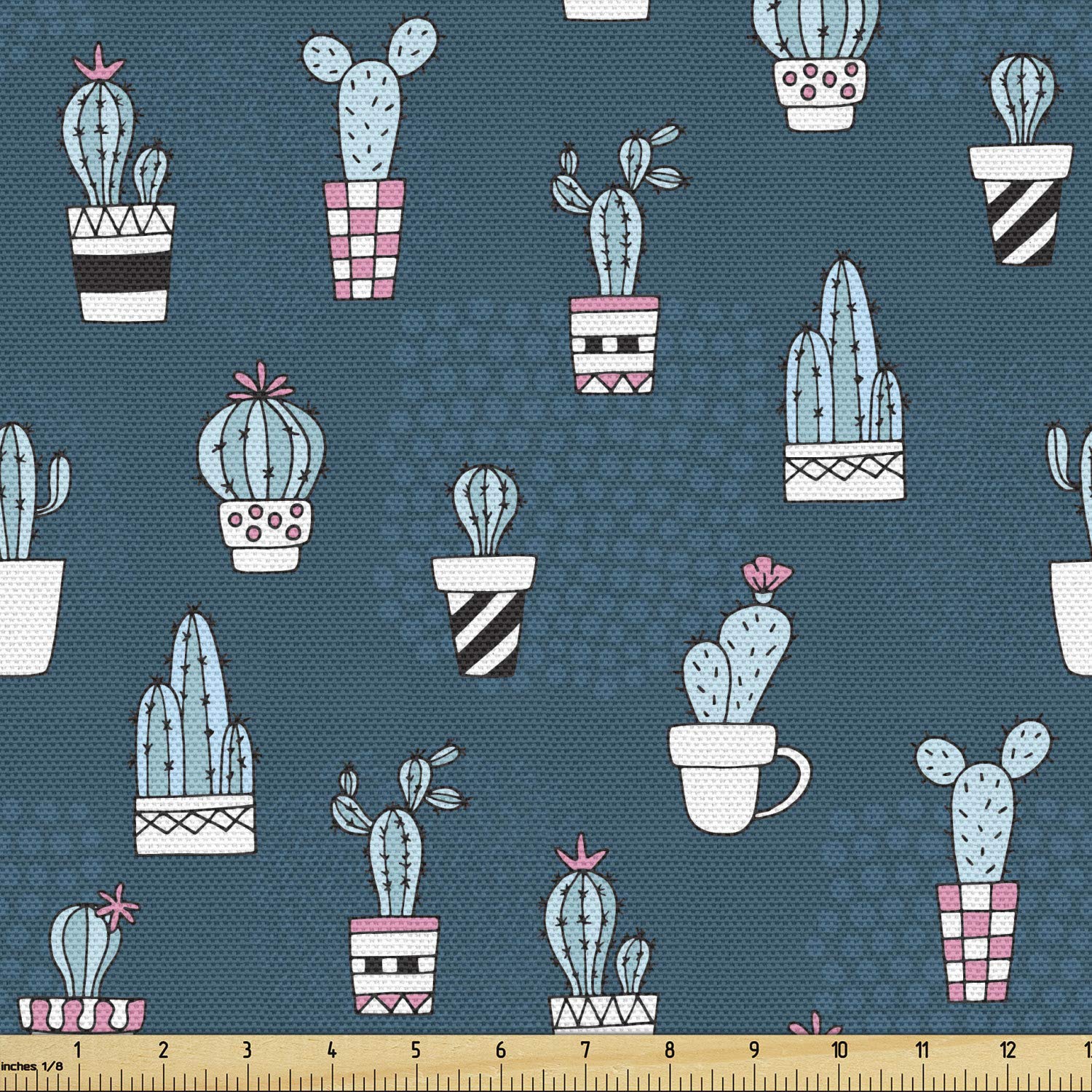 Ambesonne Cactus Fabric by The Yard - Funny Succulent in Pots Desert Plant Print Decorative Upholstery Fabric for Sofa, Curtains & Home Decor (10 Yards, Petrol Blue Multicolor) - Perfect for DIY Projects, Pillow Covers & Wall Hangings