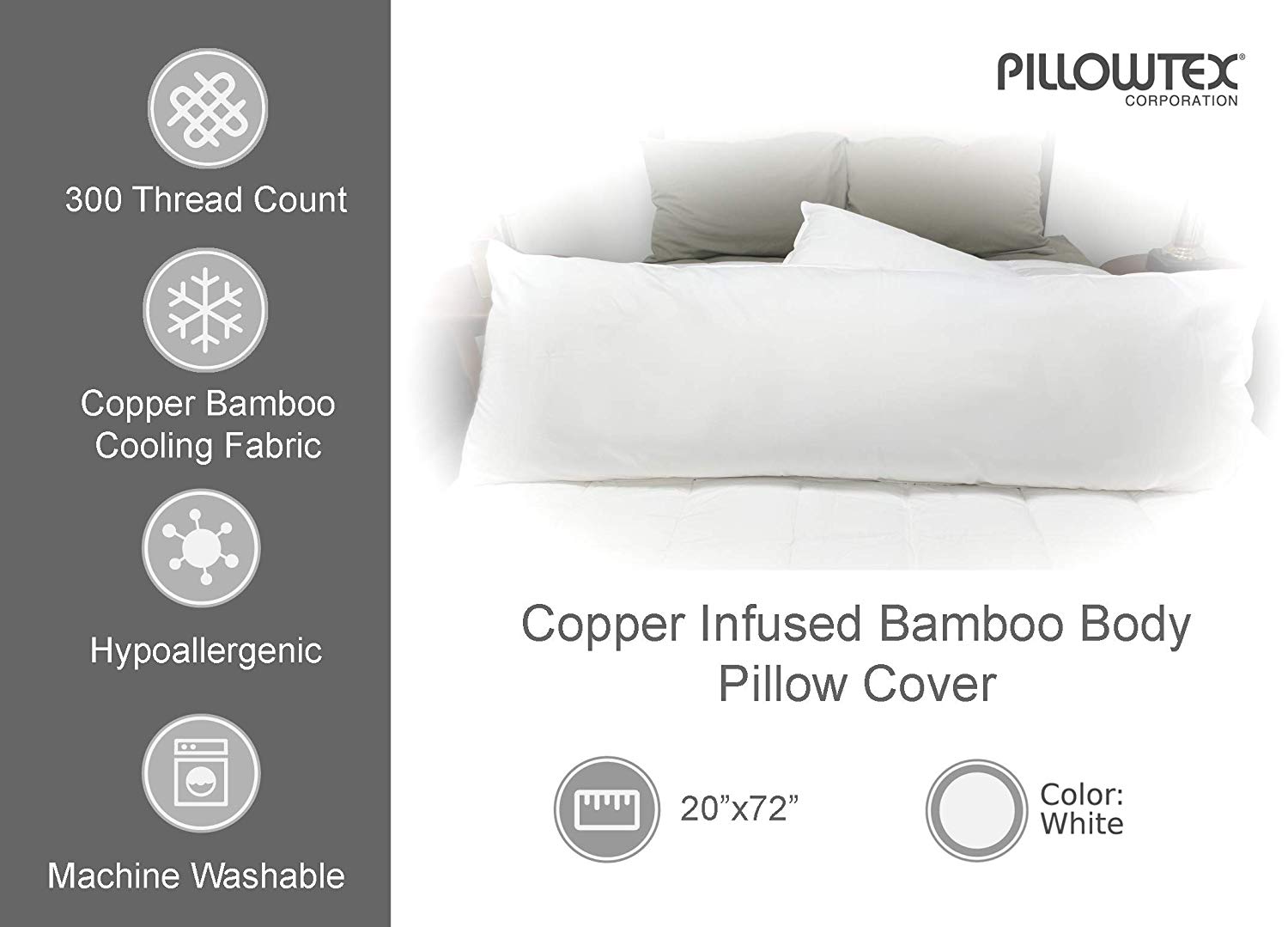 Antimicrobial Copper Infused Bamboo Body Pillow Cover - Hypoallergenic & Breathable for Side Sleepers, Pregnancy Support and Home Comfort