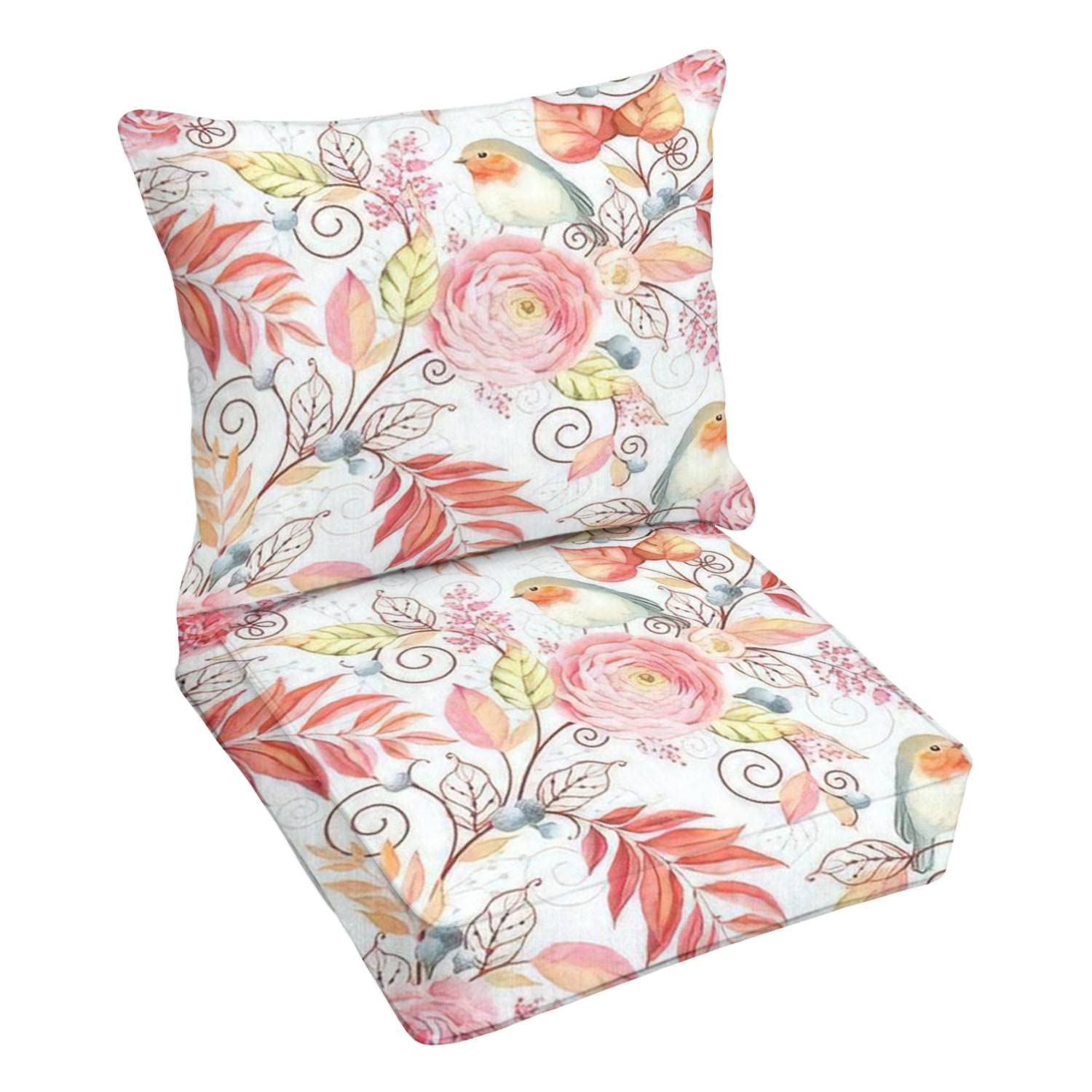 Premium Outdoor Deep Seating Cushion Set - Abstract Floral Design with Robins, Ranunculus & English Roses - Waterproof Patio Furniture Replacement Cushions for Lounge Chairs - Perfect for Garden, Poolside & Backyard Relaxation