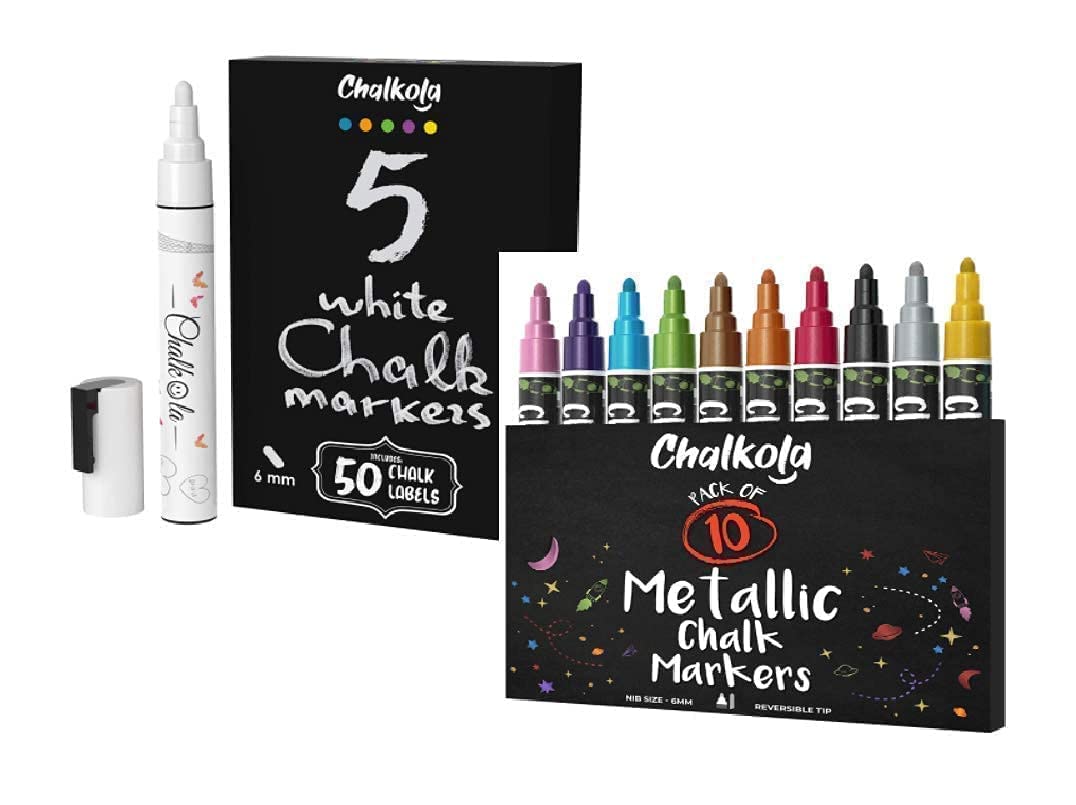 Premium Chalk Markers Set - 15 Vibrant Colors (5 White + 10 Metallic) for Chalkboard Art, Signage & DIY Projects - Non-Toxic, Reversible Tips, Perfect for Restaurants, Cafes & Home Decor
