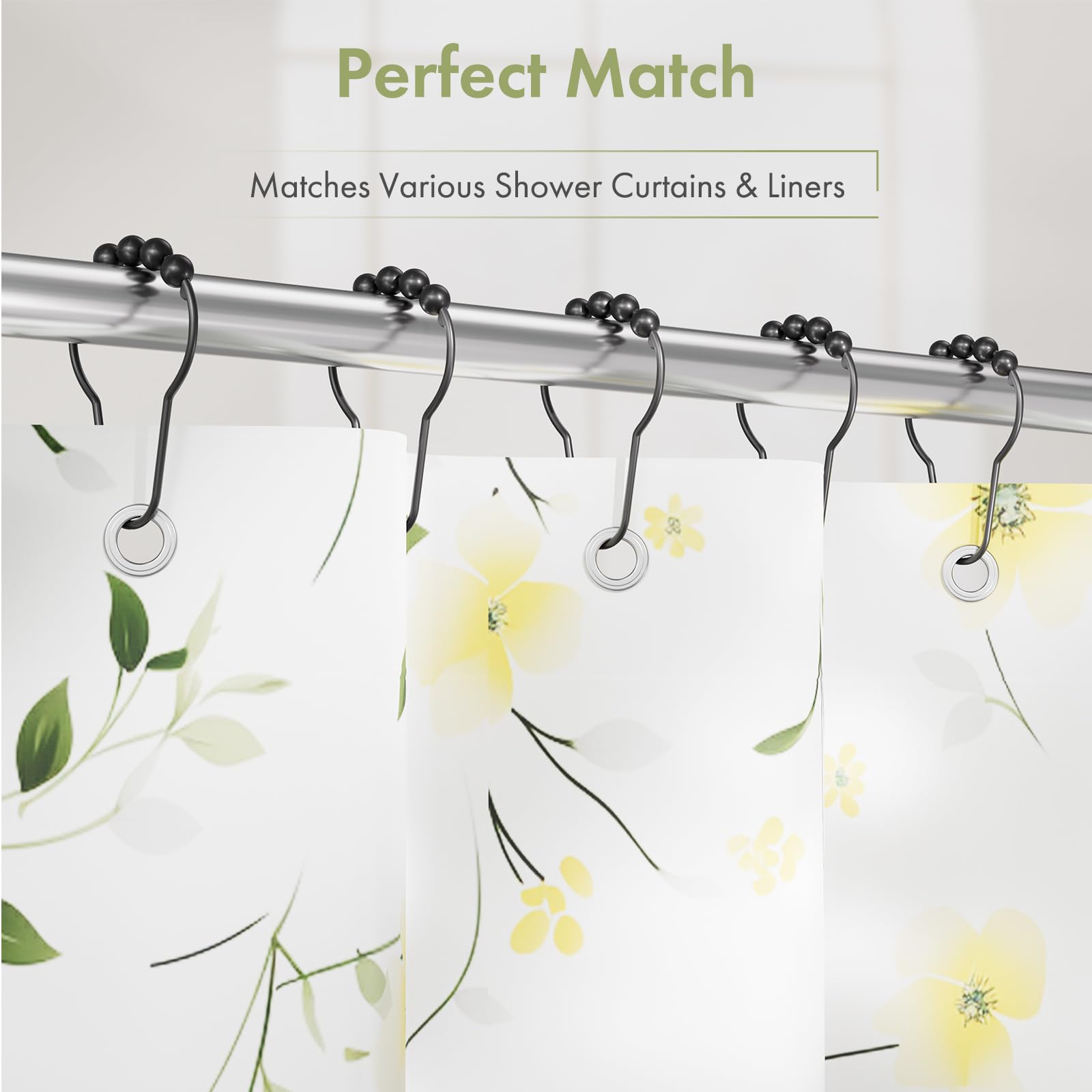 Amazer 12-Pack Rustproof Stainless Steel Shower Curtain Hooks - Decorative Black Bathroom Hooks for Shower Liners & Curtains - Durable & Stylish Bath Accessories for Home, Hotel, and Dorm Use