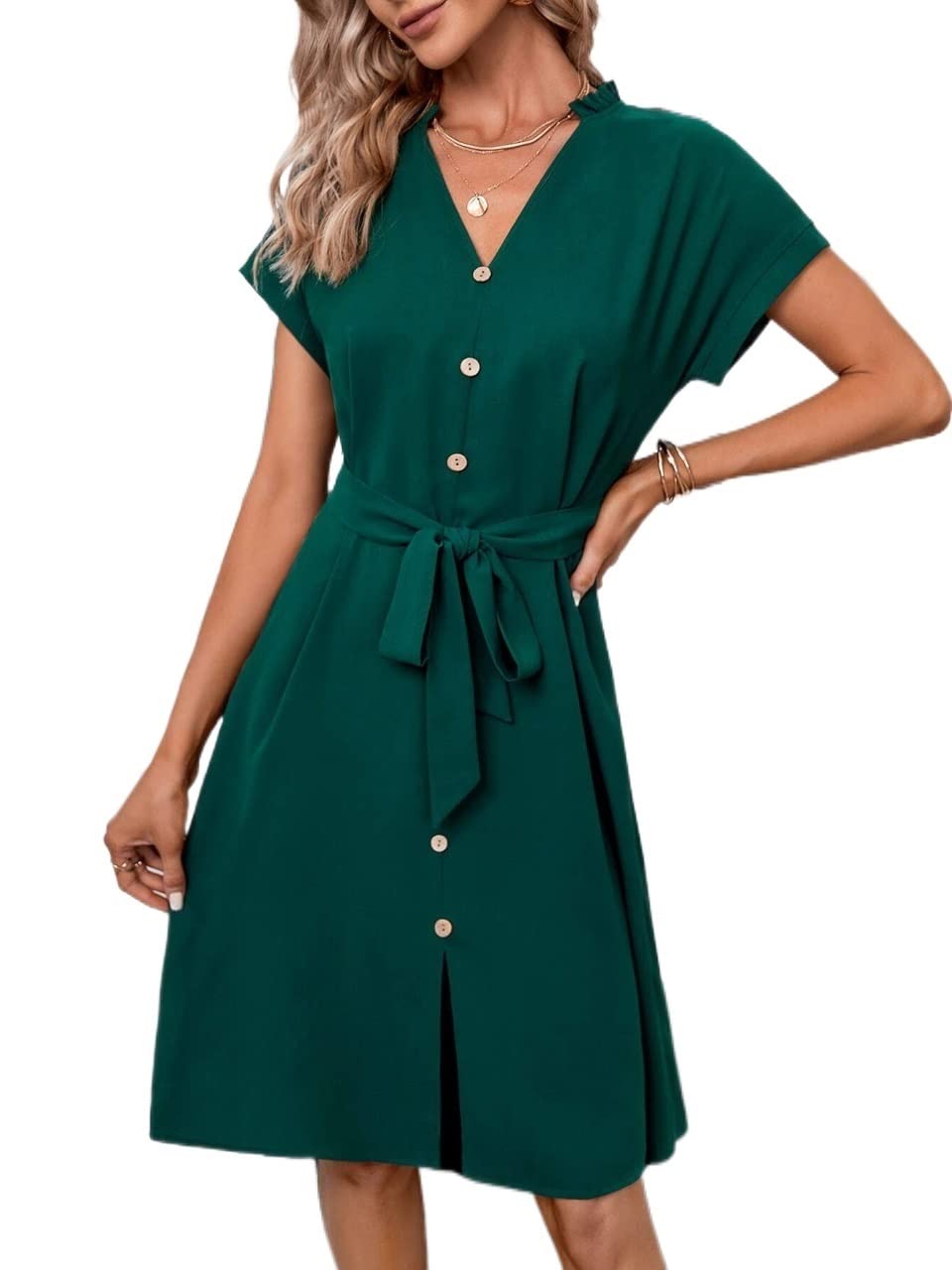 Women's Summer Casual Dress with V-Neck, Dolman Sleeves, Slit Hem & Belt - Perfect for Beach Vacations, Date Nights & Office Wear