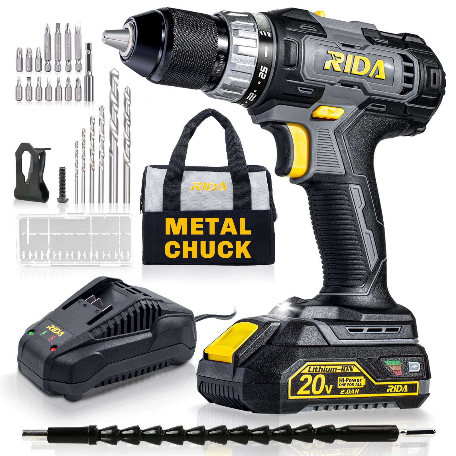 **20V Cordless Drill Set with 2.0AH Li-ion Battery & Fast Charger - 1/2