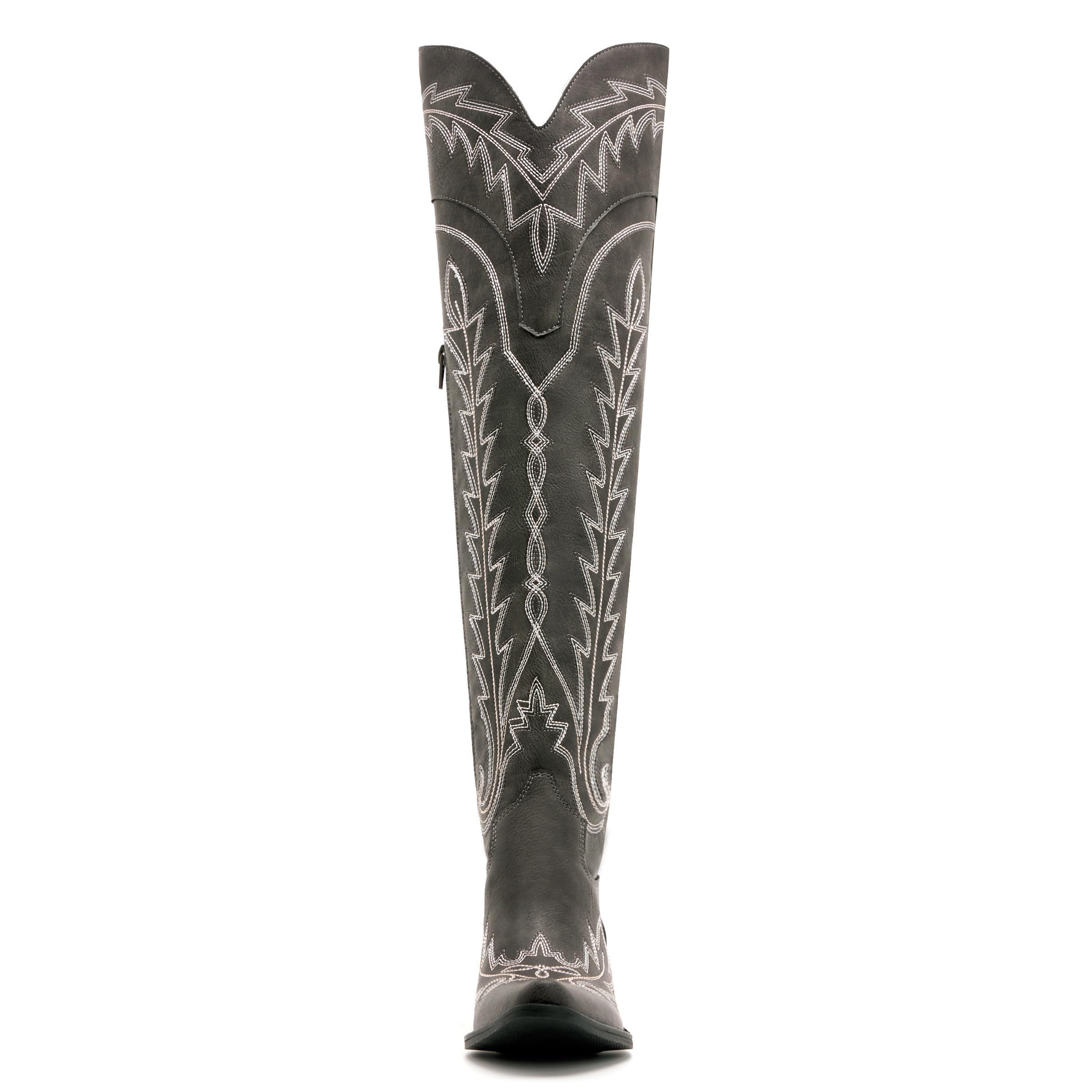Vodvob Women's Black Embroidered Western Cowboy Boots - Lace-Up Over-The-Knee Boots with Chunky Heel for Casual Wear, Country Music Festivals & Western Fashion Outfits
