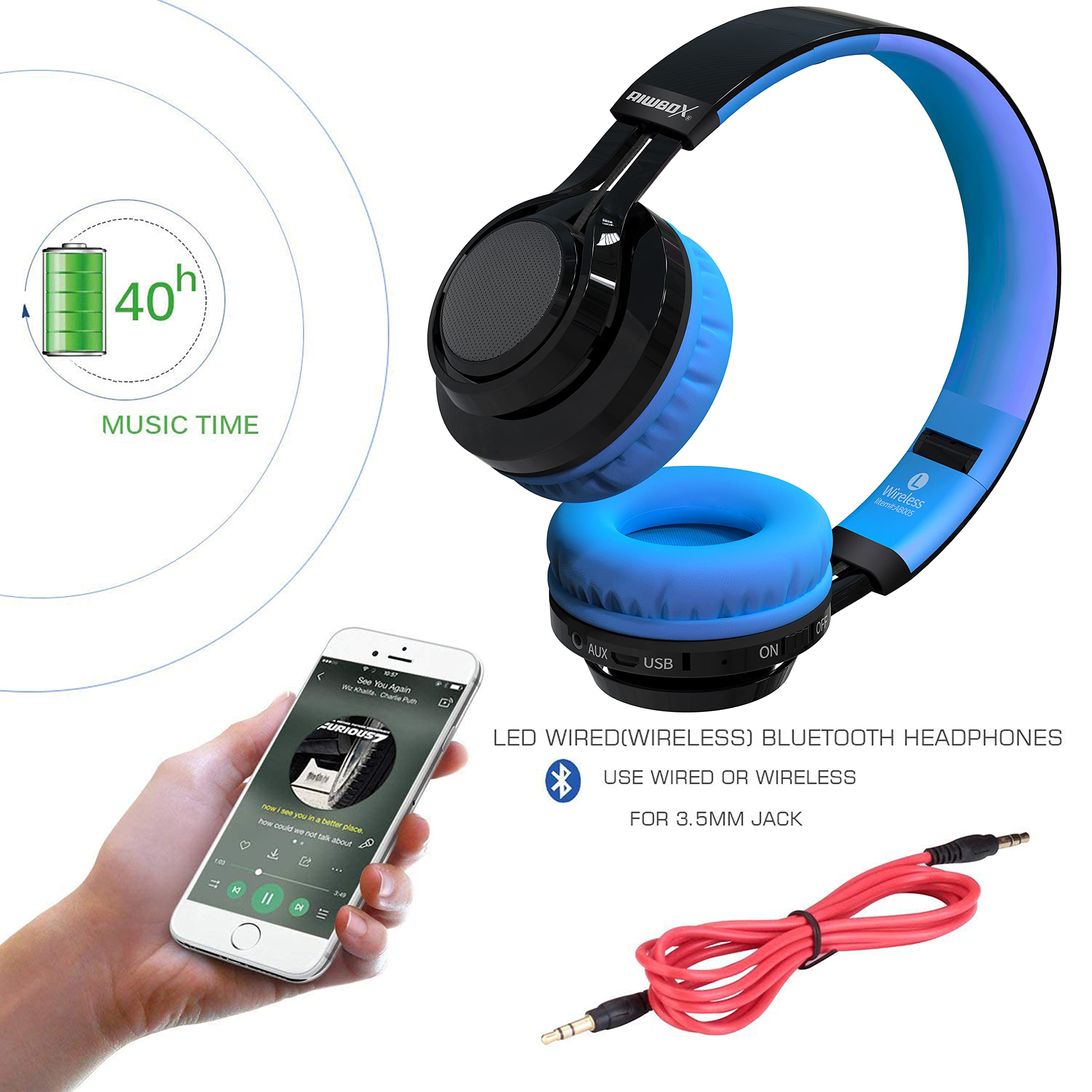 Riwbox AB005 Kids Wireless Bluetooth Headphones V5.2 with Microphone, Foldable Design, TF Card Slot, FM Radio & LED Lights - Compatible with Phones, PC, TV (Black & Blue) - Perfect for School, Travel, and Home Entertainment