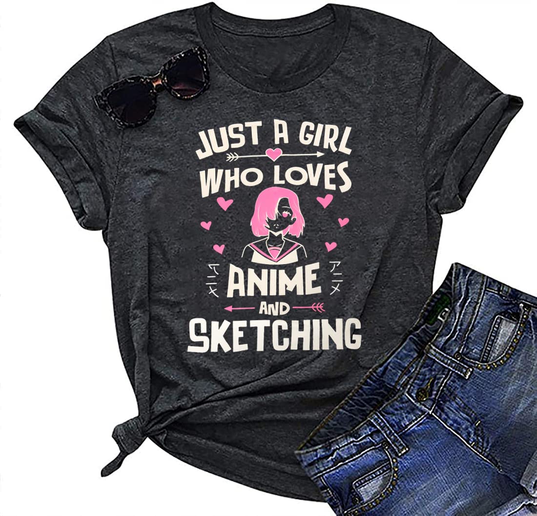 Anime Tank Top for Women - Japanese Manga Graphic Tee with 'Just A Girl Who Loves Anime' Print - Cute Casual Summer T-Shirt for Anime Fans, Cosplay & Gift Giving