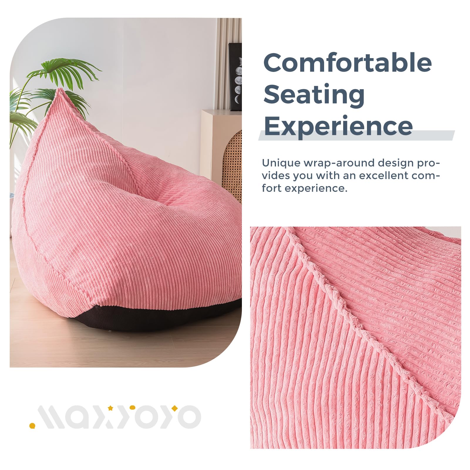 MAXYOYO Corduroy Bean Bag Chair for Adults - Soft & Comfortable Lazy Sofa with Filler, 43x41x35 Inches, Pink - Perfect for Living Room, Bedroom, Game Room & Dorm Relaxation