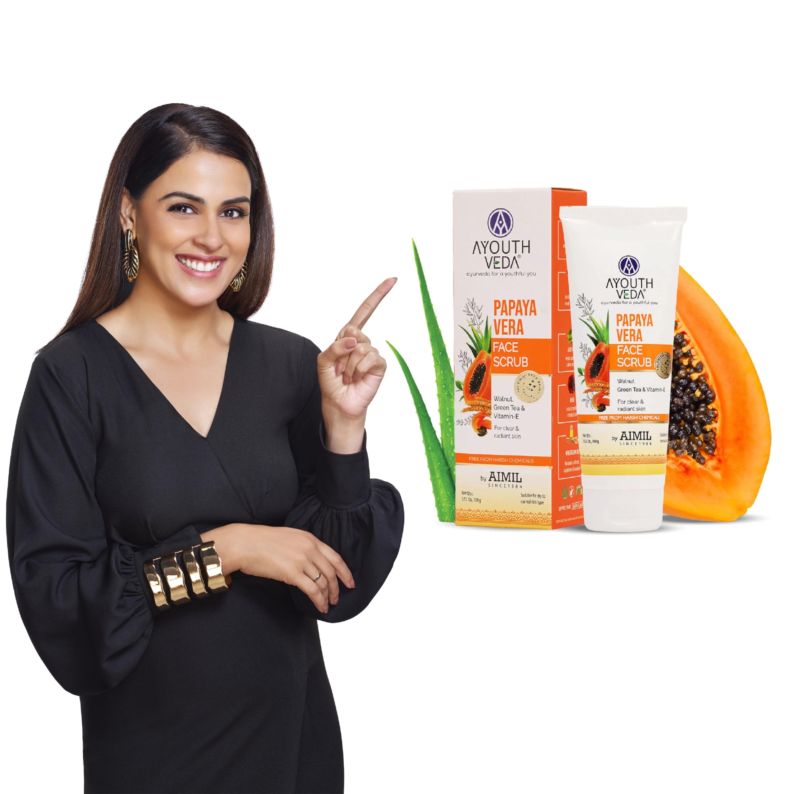 Ayouthveda Papaya Vera Face Scrub with Walnuts, Green Tea & Vitamin E - 100gm Exfoliating Cleanser for Radiant, Glowing Skin - Perfect for Daily Skincare Routine & Acne-Prone Skin