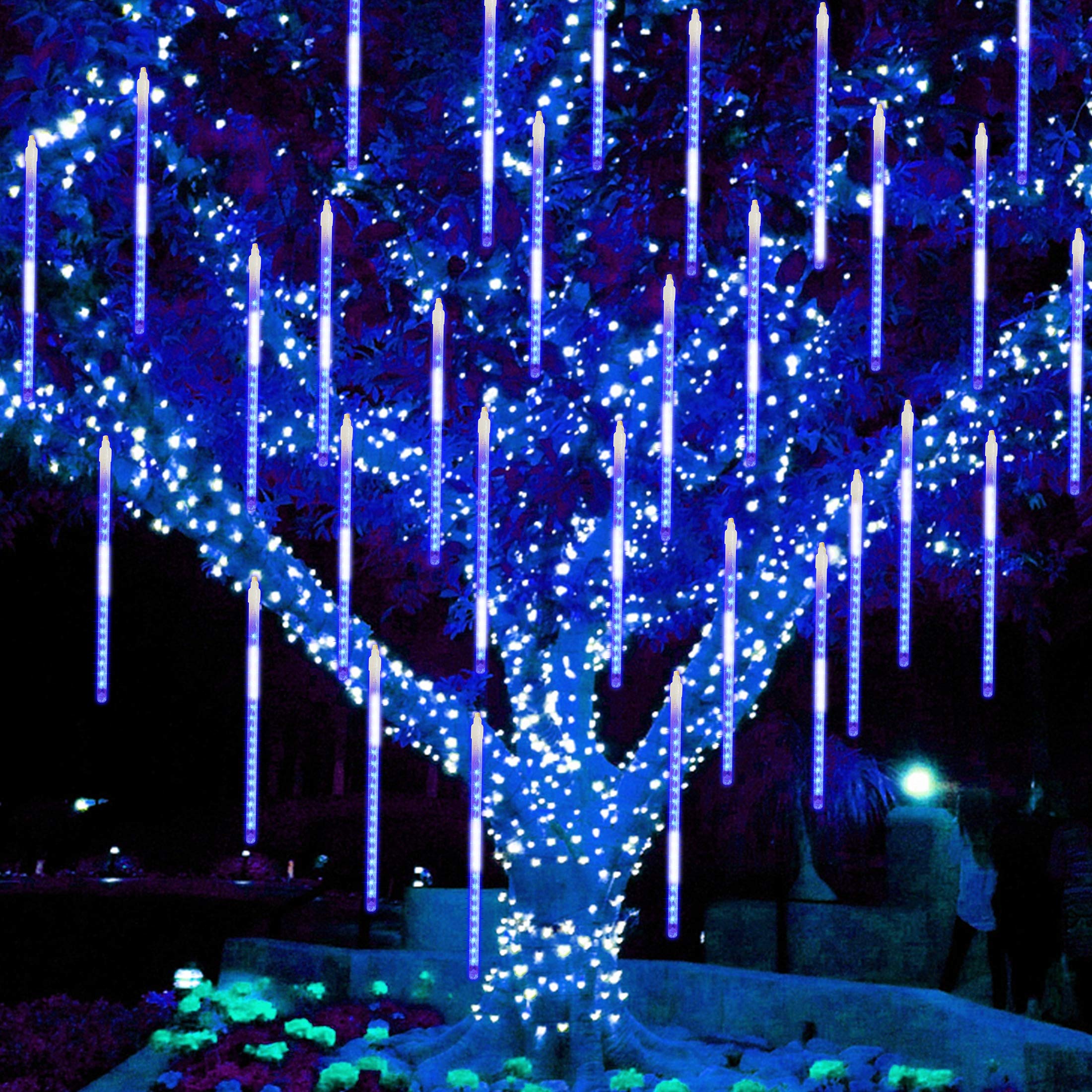 Twinkle Star 288 LED Meteor Shower Lights - 8 Tube Outdoor Icicle Christmas Lights with Snowfall Effect | Waterproof Raindrop Lights for Xmas Tree, Wedding, Party & Holiday Decoration (Blue) | Perfect for Garden, Patio, Roof & Yard Decorations
