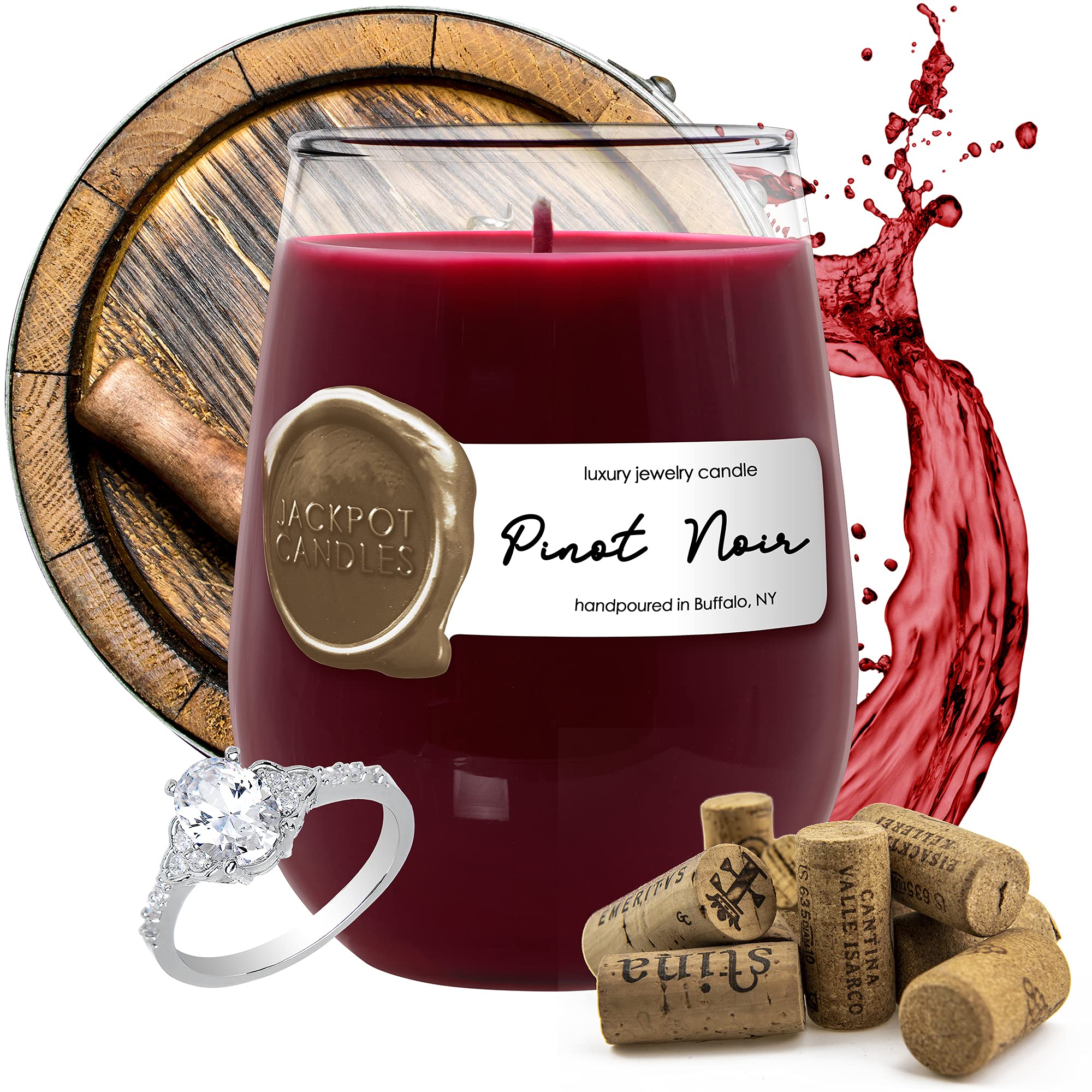 Jackpot Candles Pinot Noir Wine Glass Candle with Hidden Ring Inside - Surprise Jewelry Prize ($15-$5,000 Value) - Size 6 - Perfect for Birthday Gifts, Anniversary Surprises & Romantic Home Decor