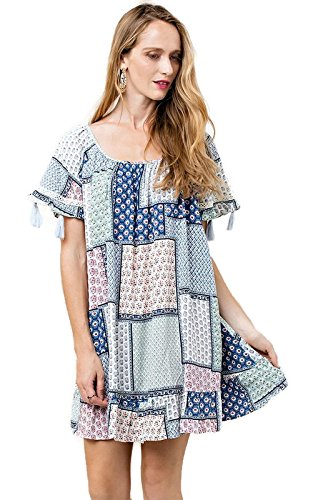 Kori America Women's Bohemian Tassel Mini Swing Dress - Flowy Summer Party Dress for Beach, Vacation & Date Night