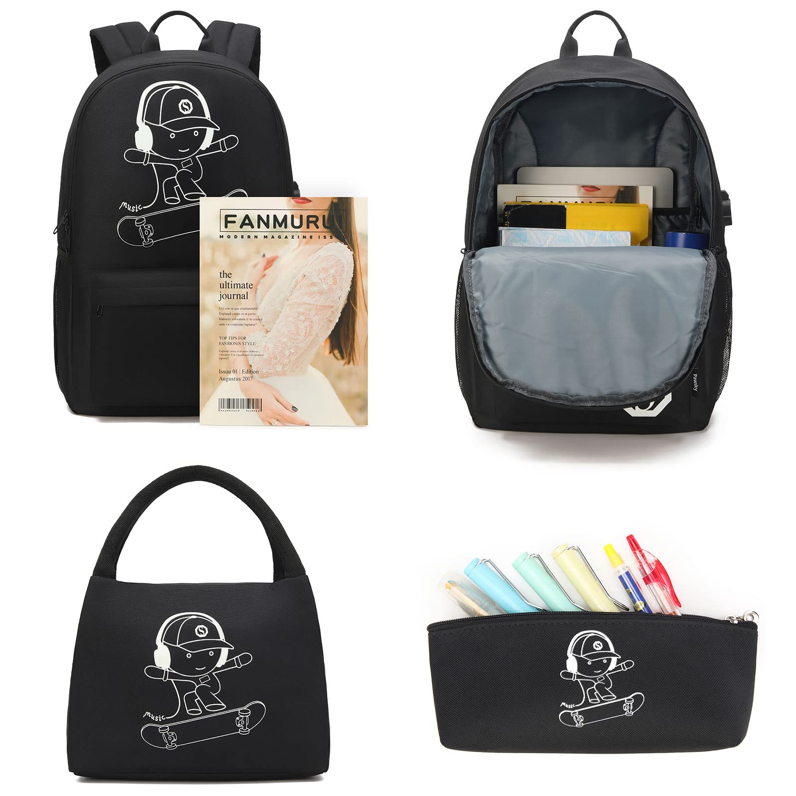 Kids Skateboard Anime Luminous Backpack with USB Charging Port & Anti-Theft Lock - Waterproof School Backpack for Teen Boys & Girls, Includes Lunch Bag & Pencil Case - Perfect for School, College, Travel & Outdoor Activities