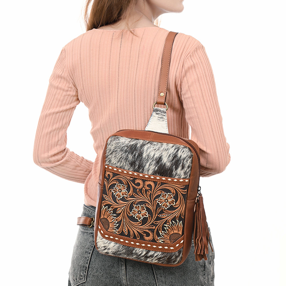 American Darling Adbga624 Genuine Leather Women's Western Handbag - Hand-Tooled Hair-On Cowhide Sling Purse for Casual Outings, Country Events & Cowgirl Fashion