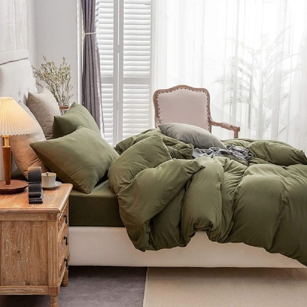 Olive Green Washed Cotton Duvet Cover Set - Queen, King, Full, Twin, California King Sizes - Soft & Breathable Bedding for Cozy Home Decor | Perfect for Guest Rooms, Master Bedrooms & Vacation Homes