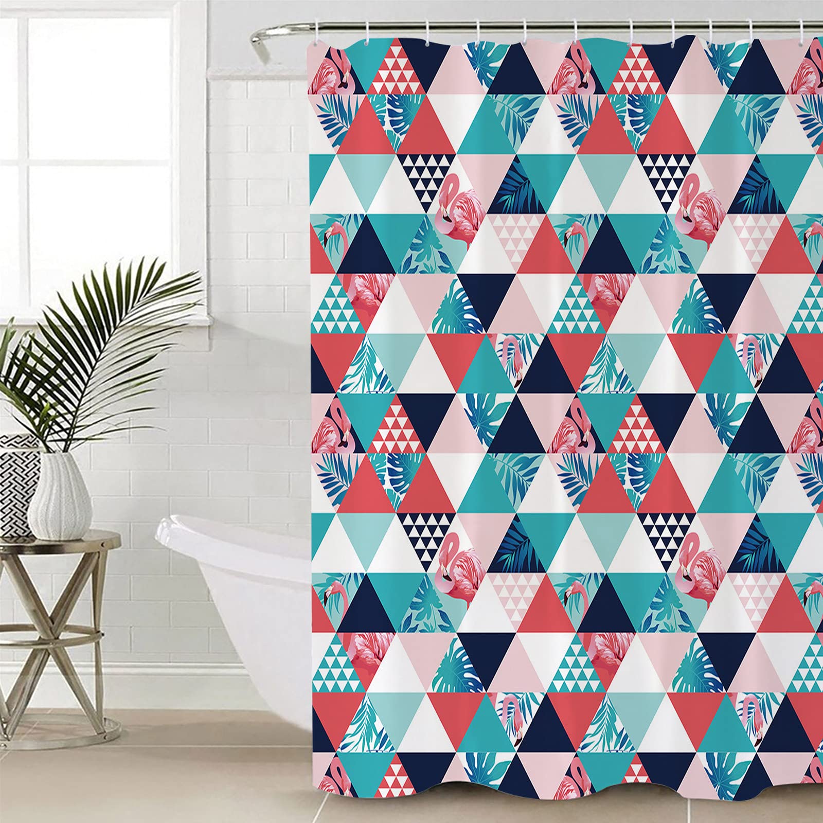 Flamingo Diamond Grid Waterproof Shower Curtain Set - 36 x 72 Inch Abstract Art Teal Blue Polyester Bathroom Curtain with 12 Hooks | Tropical Beach Theme Bathroom Decor for Summer, Kids Room & Guest Bath Accessories