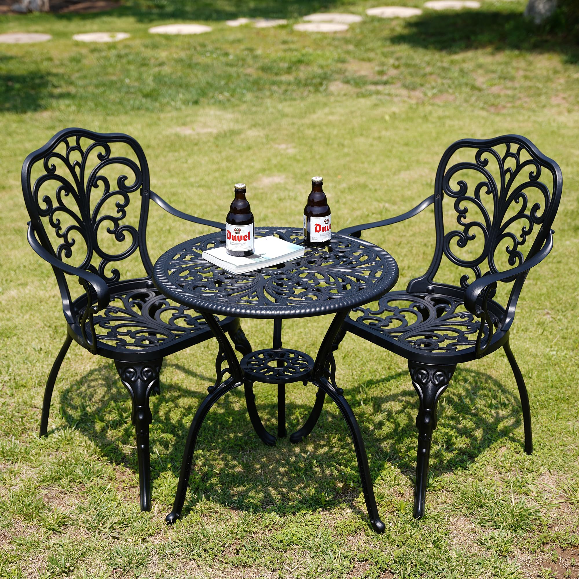 3-Piece Outdoor Bistro Set with 2 Chairs & Umbrella Hole - All-Weather Patio Furniture for Garden, Balcony or Backyard - Black
