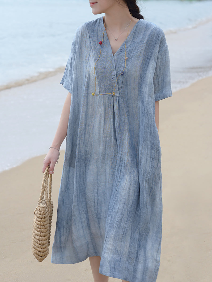 Vintage V-Neck Linen Loose Dress for Women - Casual Summer Boho Maxi Dress for Beach, Travel & Everyday Wear