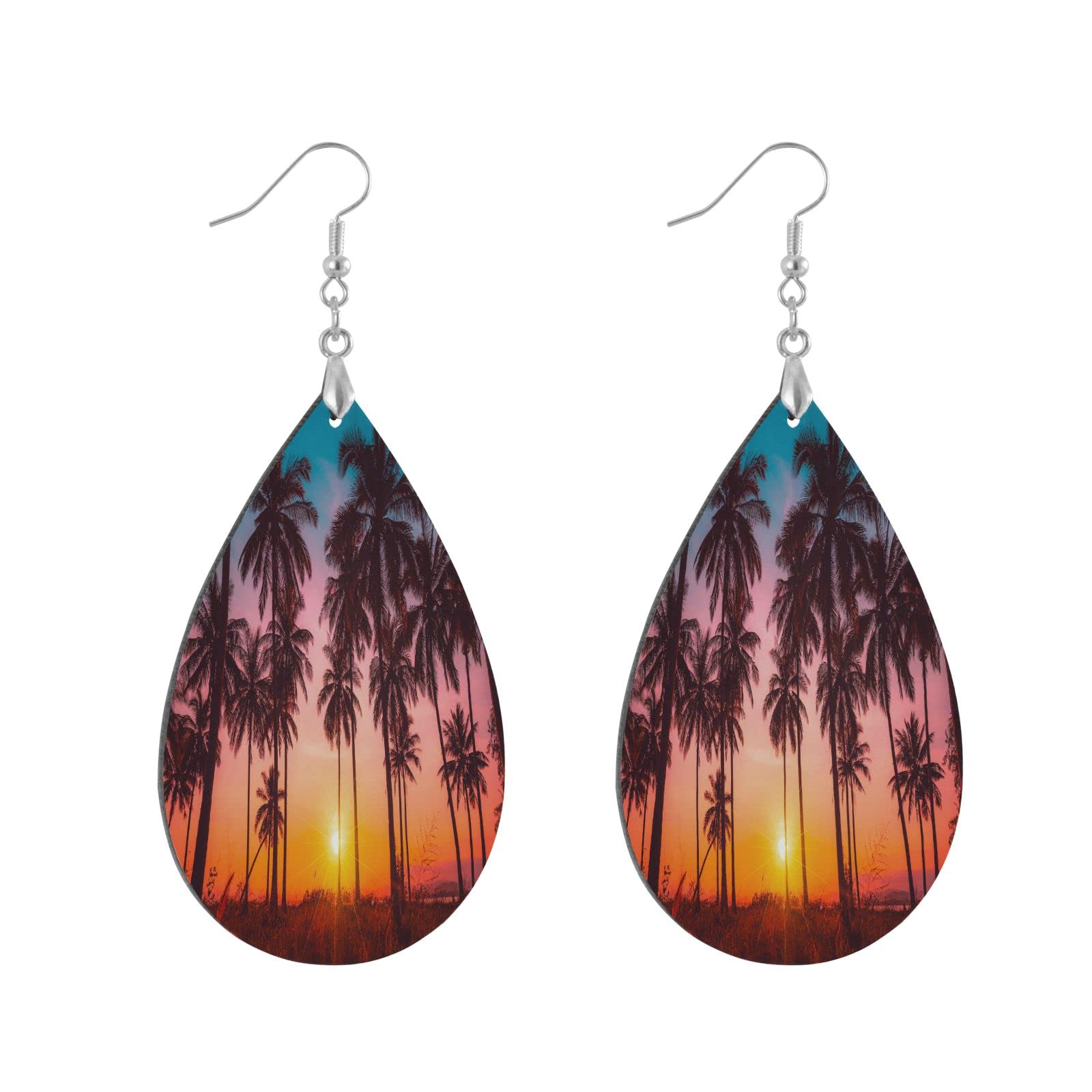 Lightweight Wooden Teardrop Earrings - Tropical Palm Tree Sunset Dangle Earrings for Women | Boho Beach Jewelry Gift for Her | Perfect for Summer Vacations, Beach Parties & Tropical-Themed Events