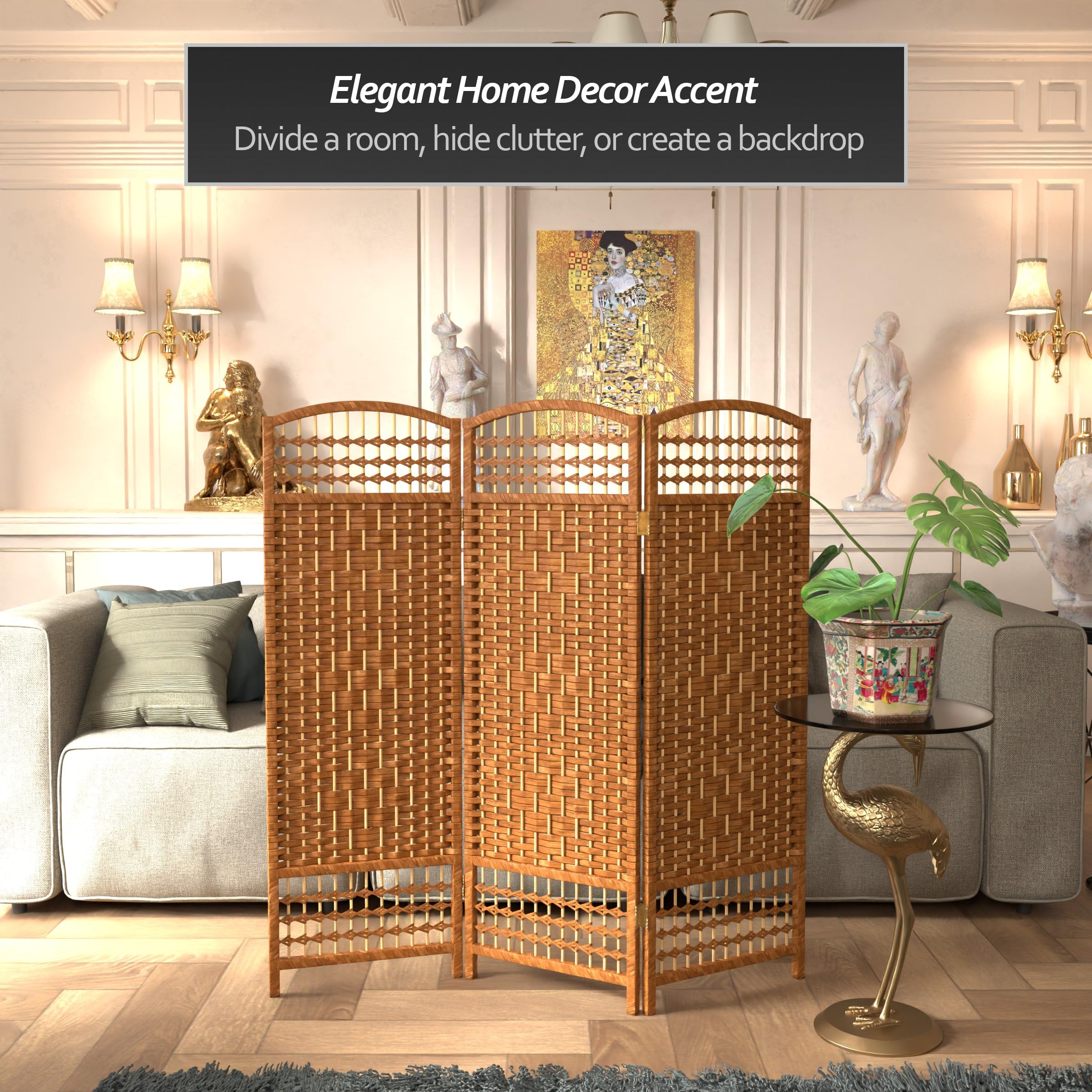 4 ft. Dark Beige Short Fiber Weave Folding Room Divider - 3 Panel Privacy Screen for Home, Office, or Event Decor - Portable Partition for Living Room, Bedroom, and Studio Spaces