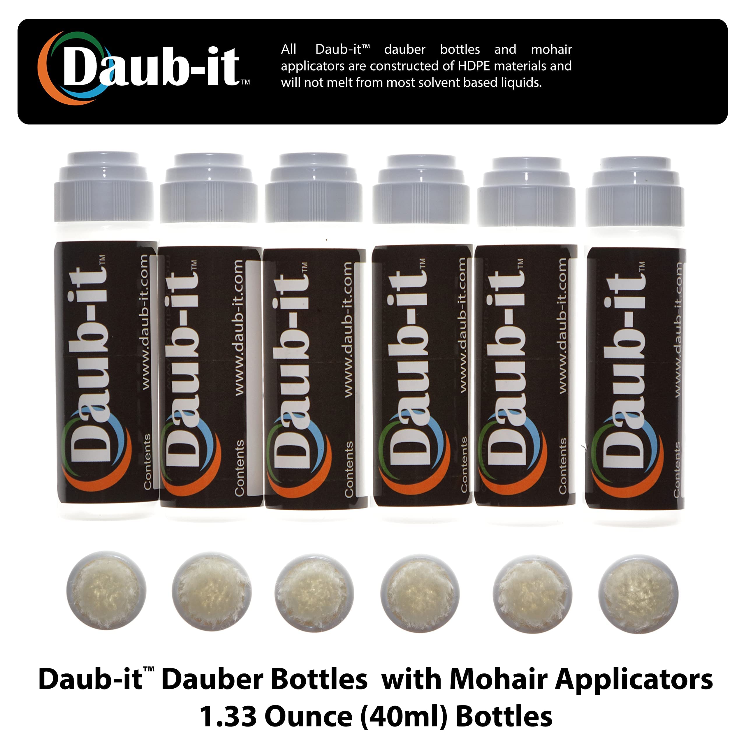 Daub-it Empty Bottles with Applicators - 1 oz Mohair Dauber Bottles (6 Pack) - Perfect for Nail Polish, Essential Oils & Craft Glue Application