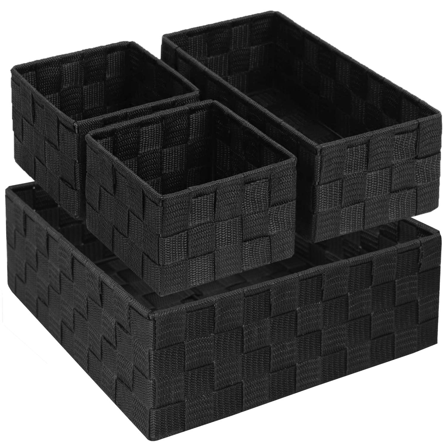 Woven Storage Box Cube Basket Drawer Organizer - Set of 4 Black Fabric Bins for Bathroom, Kitchen, Closet & Cabinet Organization - Perfect for Storing Snacks, Cereal, Baking Supplies & Home Essentials
