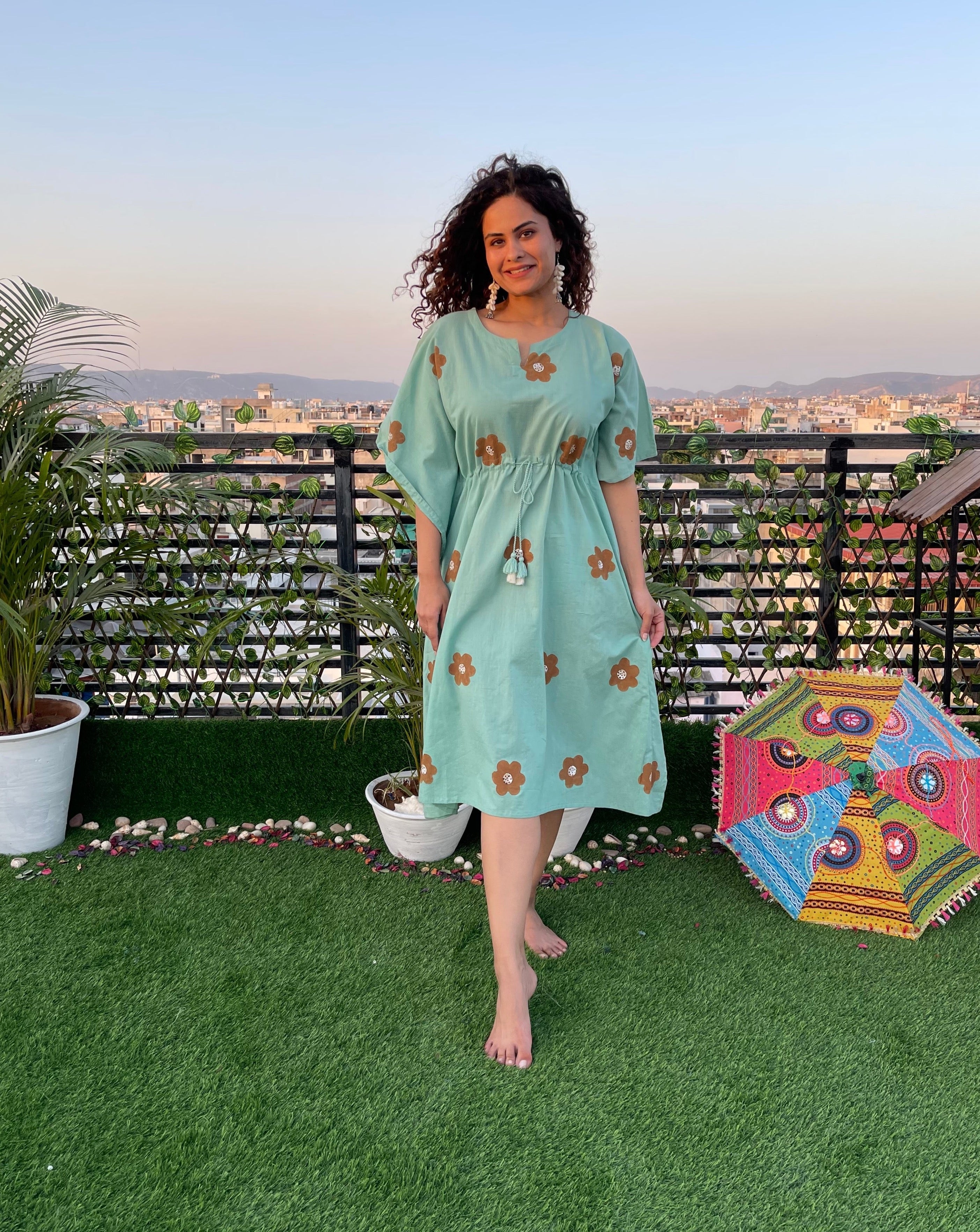 Hand-Painted Turquoise Long Kaftan Dress - Bohemian Maxi Cover Up for Beach, Pool, or Summer Vacation