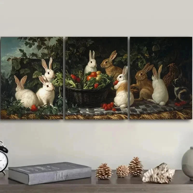 3-Piece Rabbit Farm Wall Art Set - Framed Canvas Prints 50x70cm - High Quality Australian Made Ready to Hang Home Decor for Living Room, Bedroom & Nursery