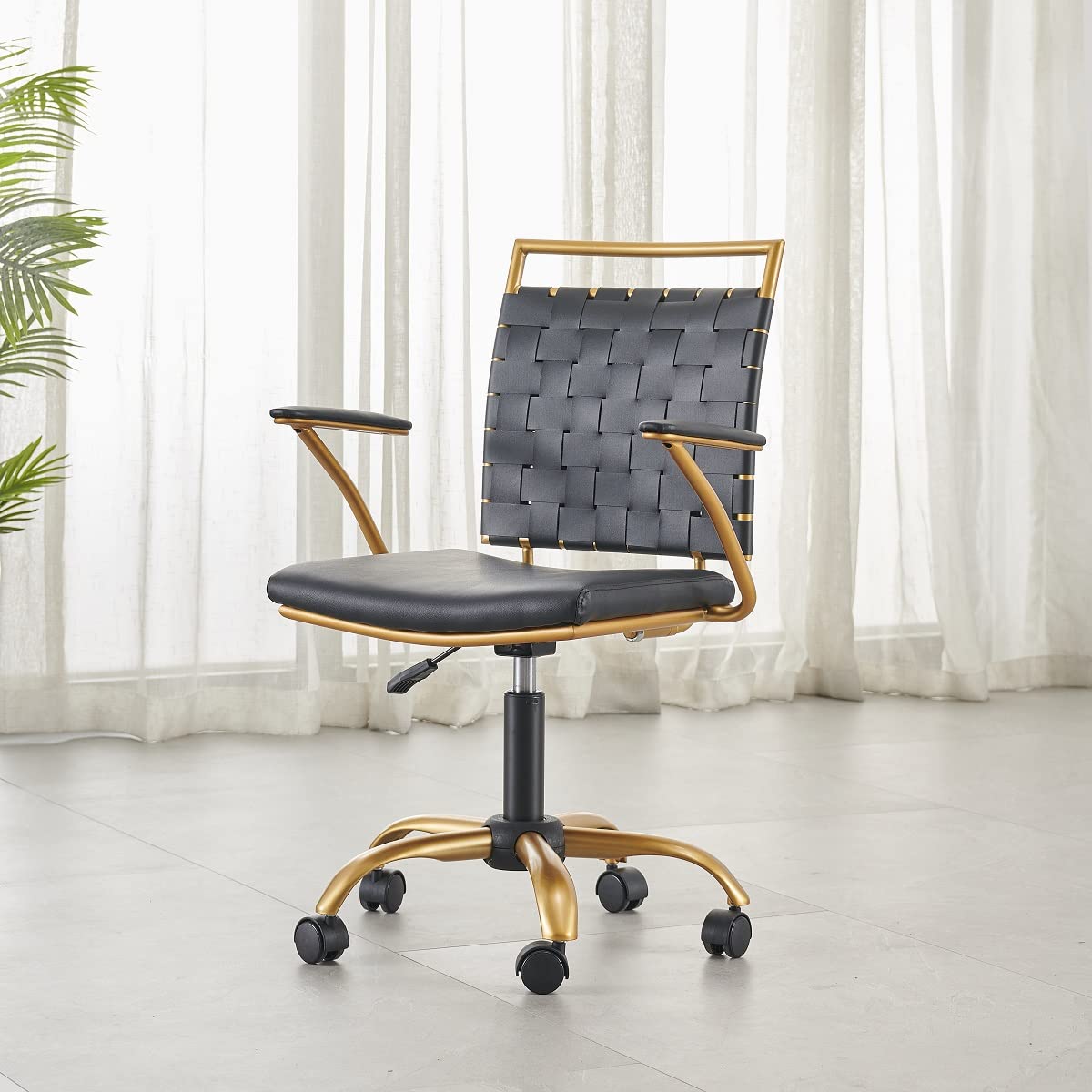 Hioryllks Black and Gold Modern Office Chair - Ergonomic Leather Desk Chair with Arms for Home & Workspace (3013 Gold Black) - Perfect for Gaming, Studying & Professional Workspaces