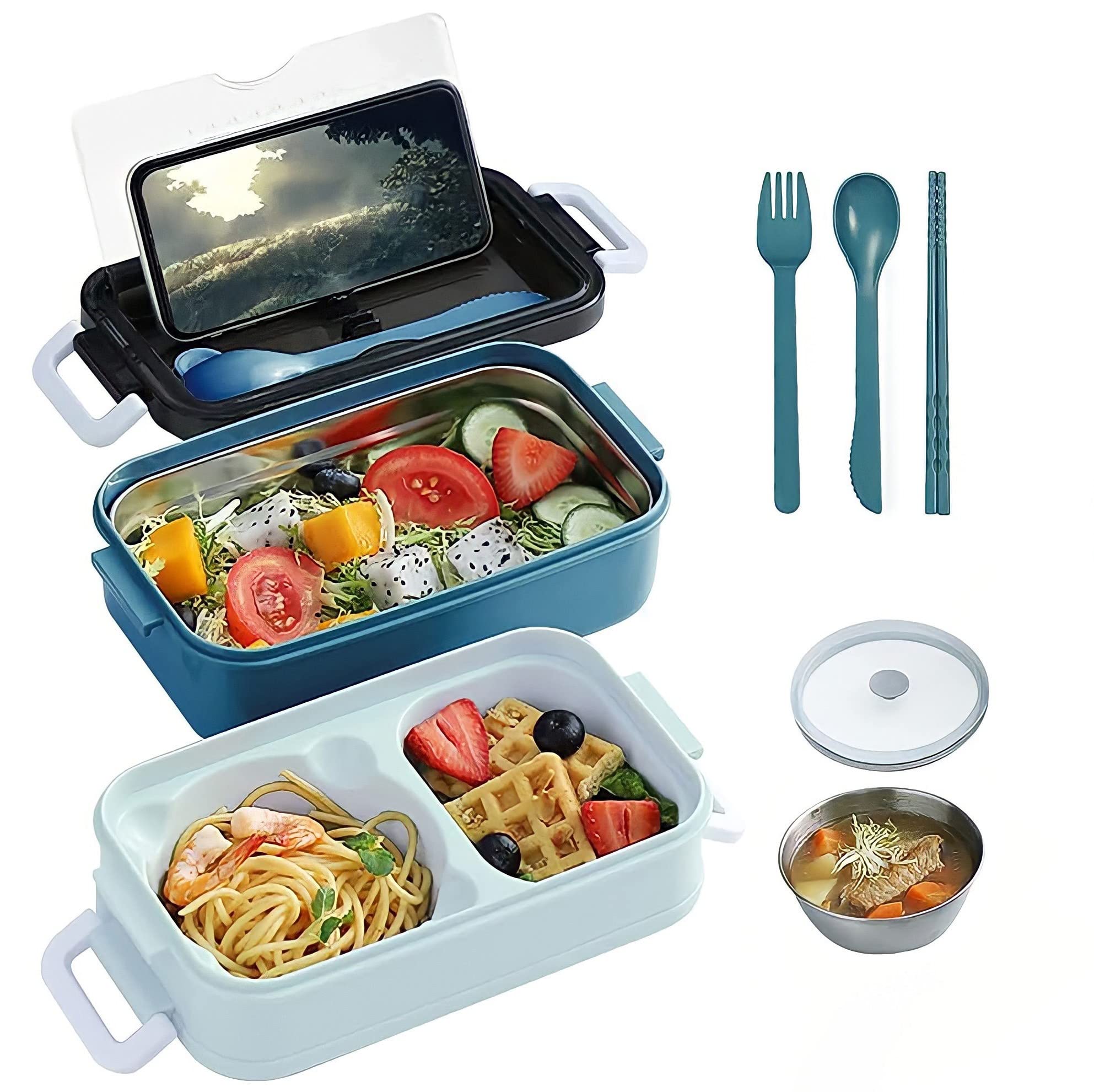 CHOWSPACE Stackable Bento Box Container with Built-in Utensils - Reusable Lunch Box for Adults & Kids - Meal Prep Containers with Soup Compartment - Perfect for Office, School & Picnics (Ocean Blue)