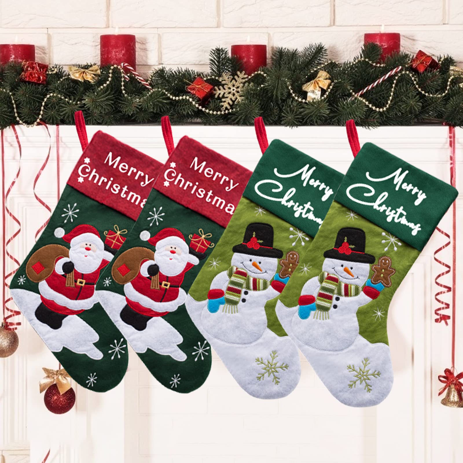 4 Pack Personalized Christmas Stockings - Custom Baby Santa Candy Stocking Bags with Snowman & Reindeer Designs | Large 20 Inch Handmade Xmas Stockings for Home Decor, Holiday Gifts & Fireplace Mantel Decorations