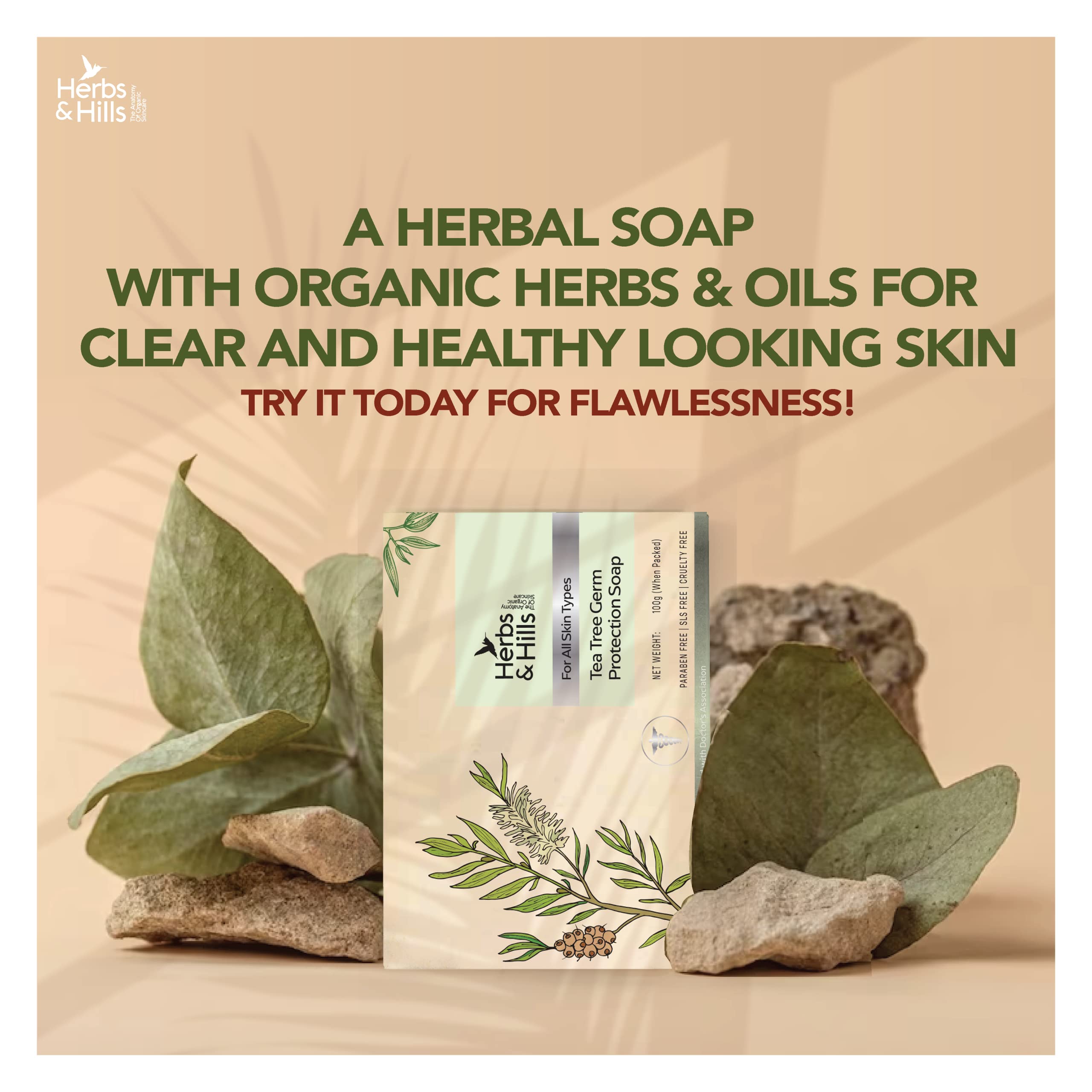 Herbs & Hills Tea Tree Antibacterial Soap - 100g with Coconut Oil & Sweet Almond Oil for Acne-Prone Skin | Gentle Cleansing, Moisturizing & Blemish Prevention | Paraben-Free, All Skin Types | Perfect for Daily Face & Body Wash, Travel & Gym Use
