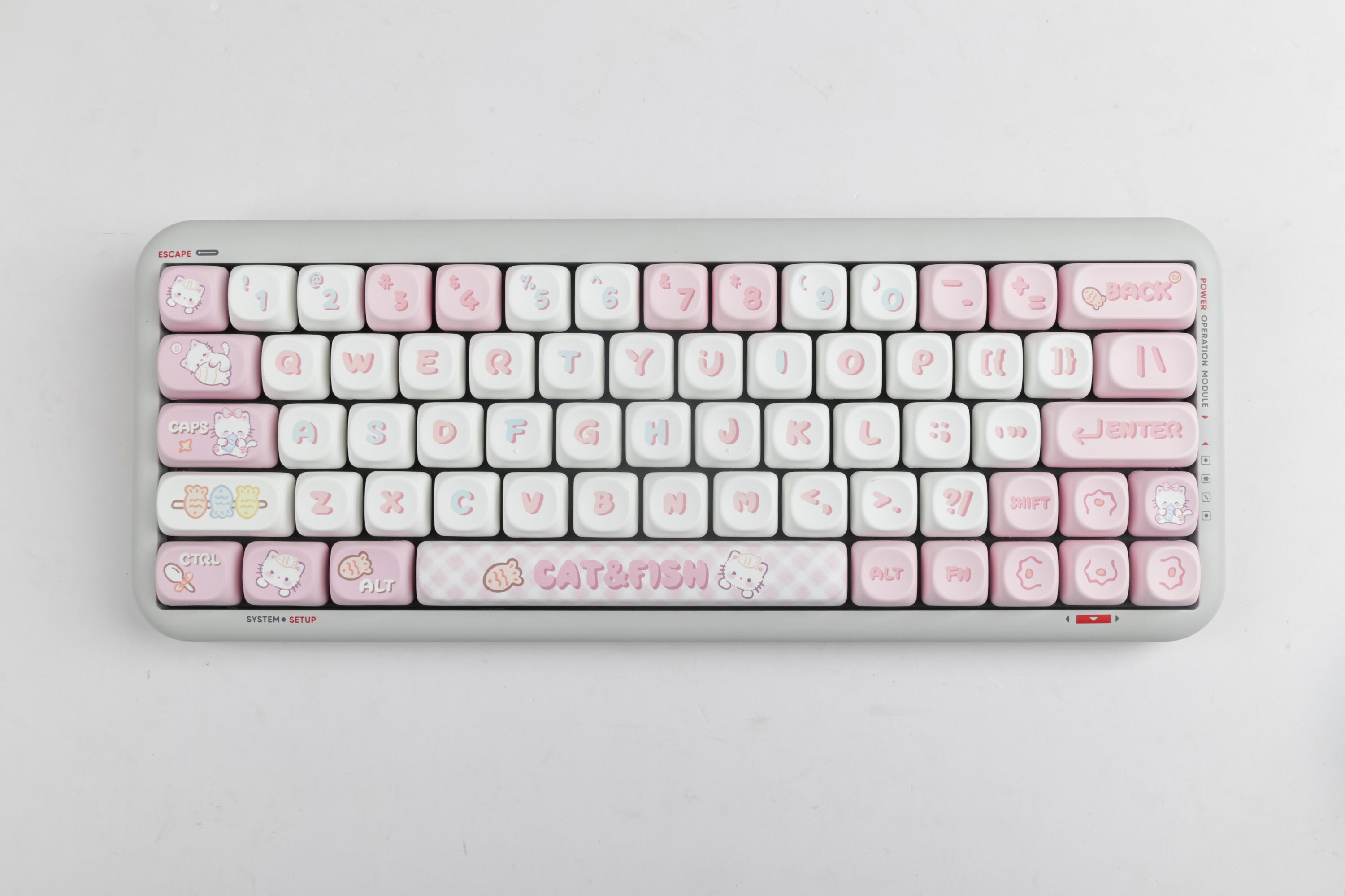 Pink MOA High MAC Heat Sublimation Custom Keycap Set - Cute Kitten Eating Fish Design for Mechanical Keyboards | Perfect for Gaming, Typing & Office Use