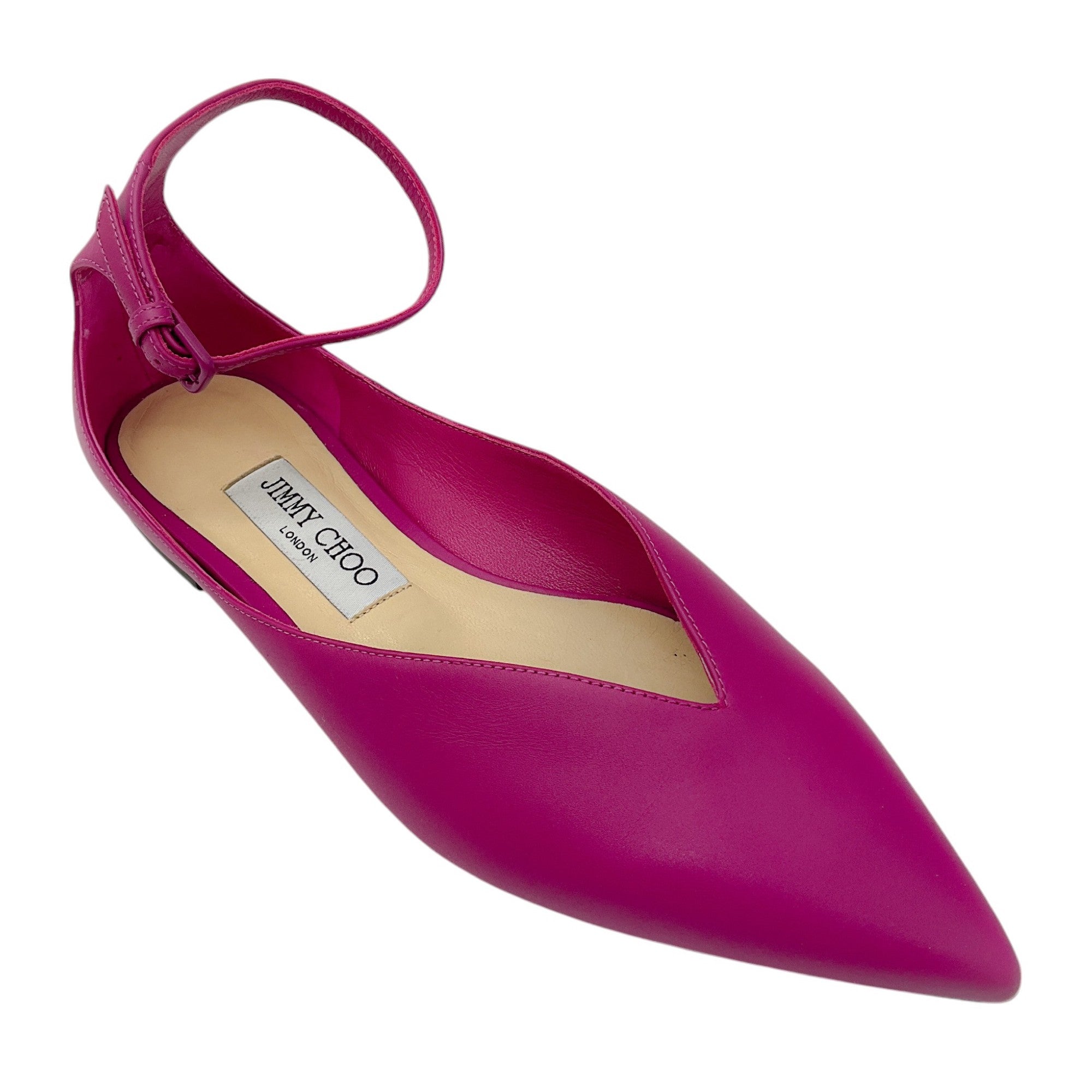 Jimmy Choo Magenta Pointed Toe Ankle Strap Leather Ballet Flats - Women's Luxury Dress Shoes for Weddings, Parties & Evening Events
