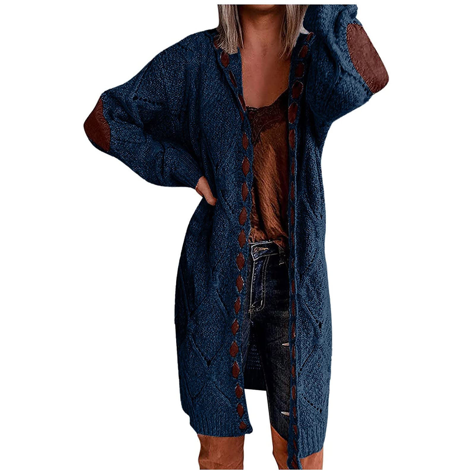 Women's Patchwork Long Sleeve Open Front Knit Cardigan - Soft Warm Winter Sweater Coat with Shawl Collar | Perfect for Office, Date Night & Holiday Outfits