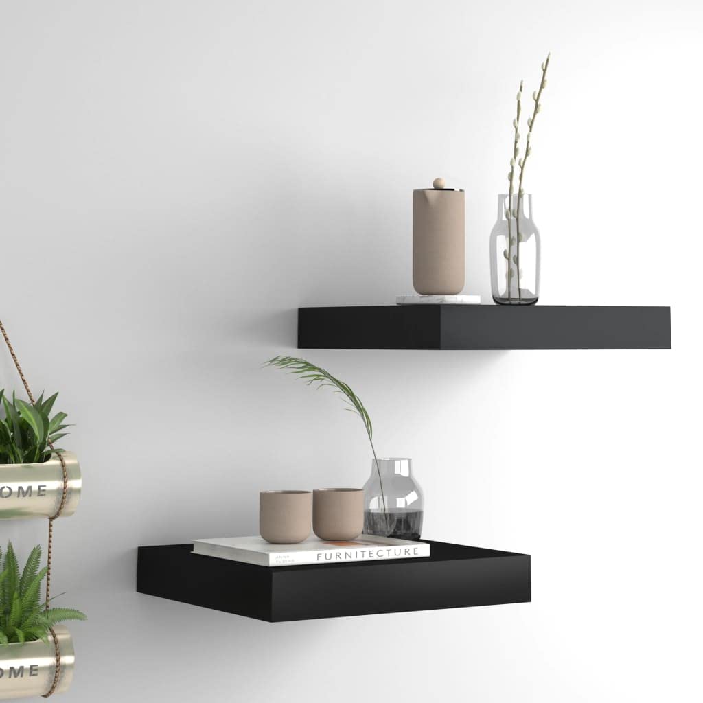 Modern Floating Wall Shelves Set of 2 - Black MDF Decorative Ledges (9.1