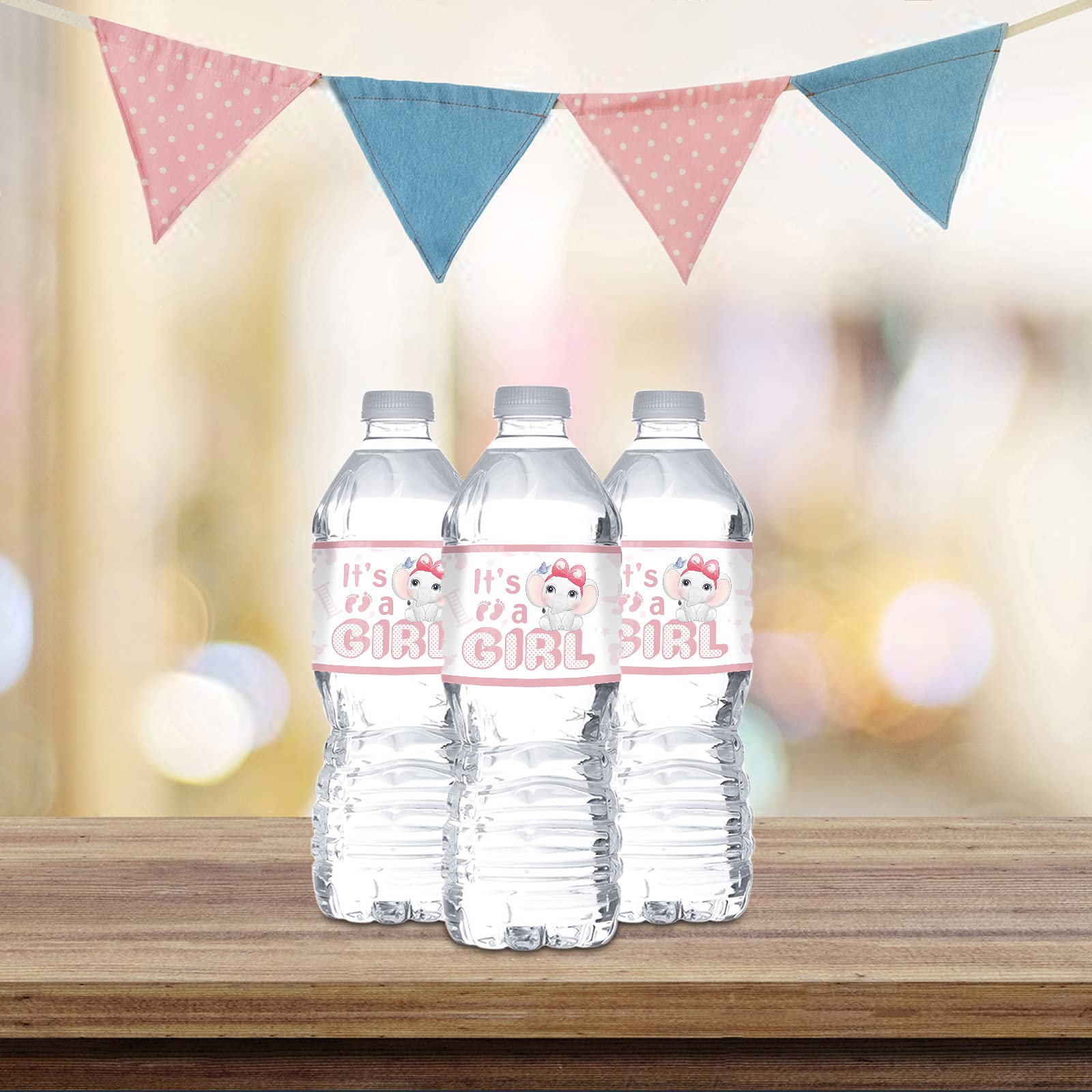 Pink 'It's A Girl' Water Bottle Stickers - Elephant Theme Gender Reveal & Baby Shower Party Supplies (32-Pack) - Perfect for Birthday Celebrations, Nursery Decor, and Gender Announcement Parties