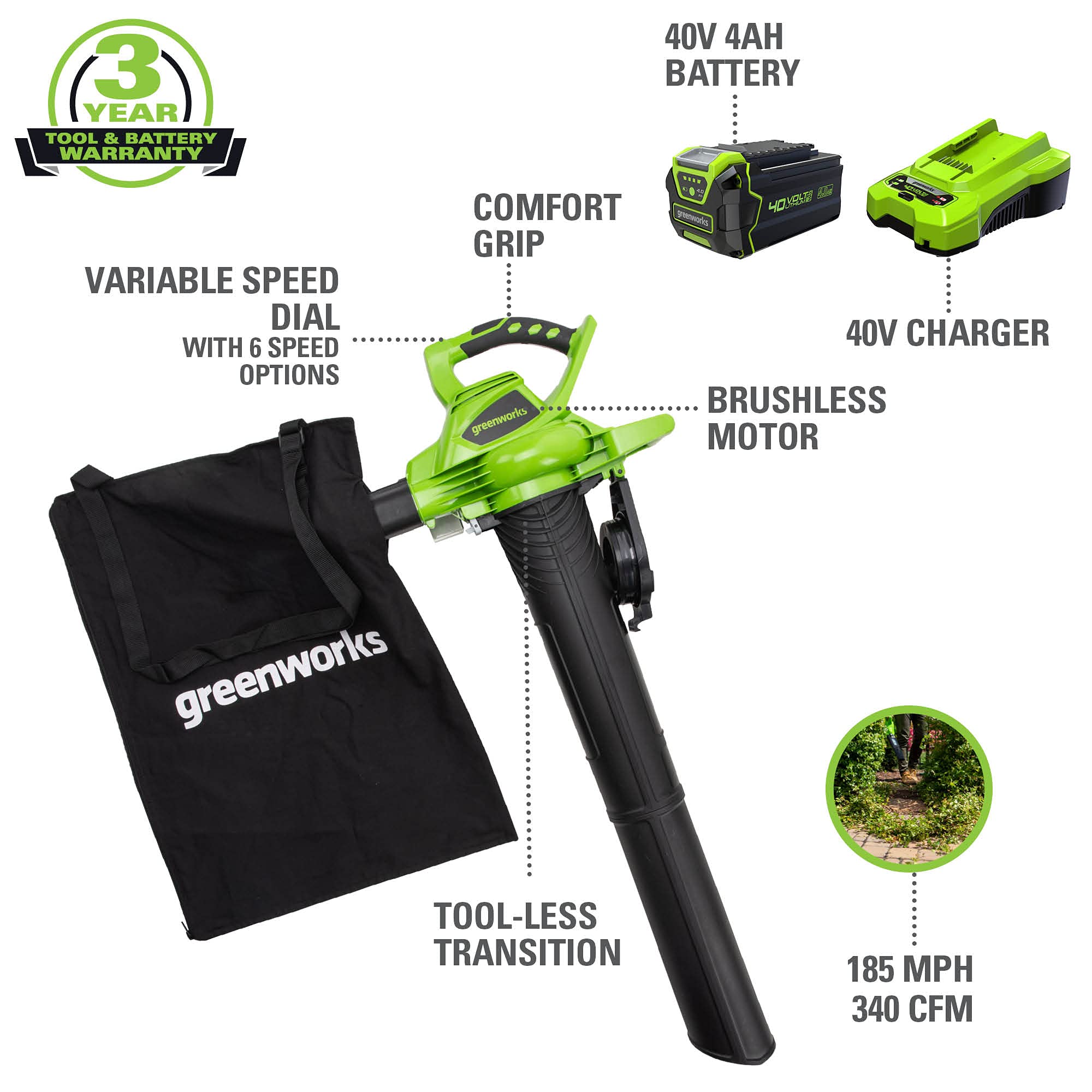 Greenworks 40V 185 MPH Brushless Cordless Leaf Blower & Vacuum with Universal Gutter Kit GK0A00 - Perfect for Yard Cleanup, Leaf Removal & Gutter Maintenance