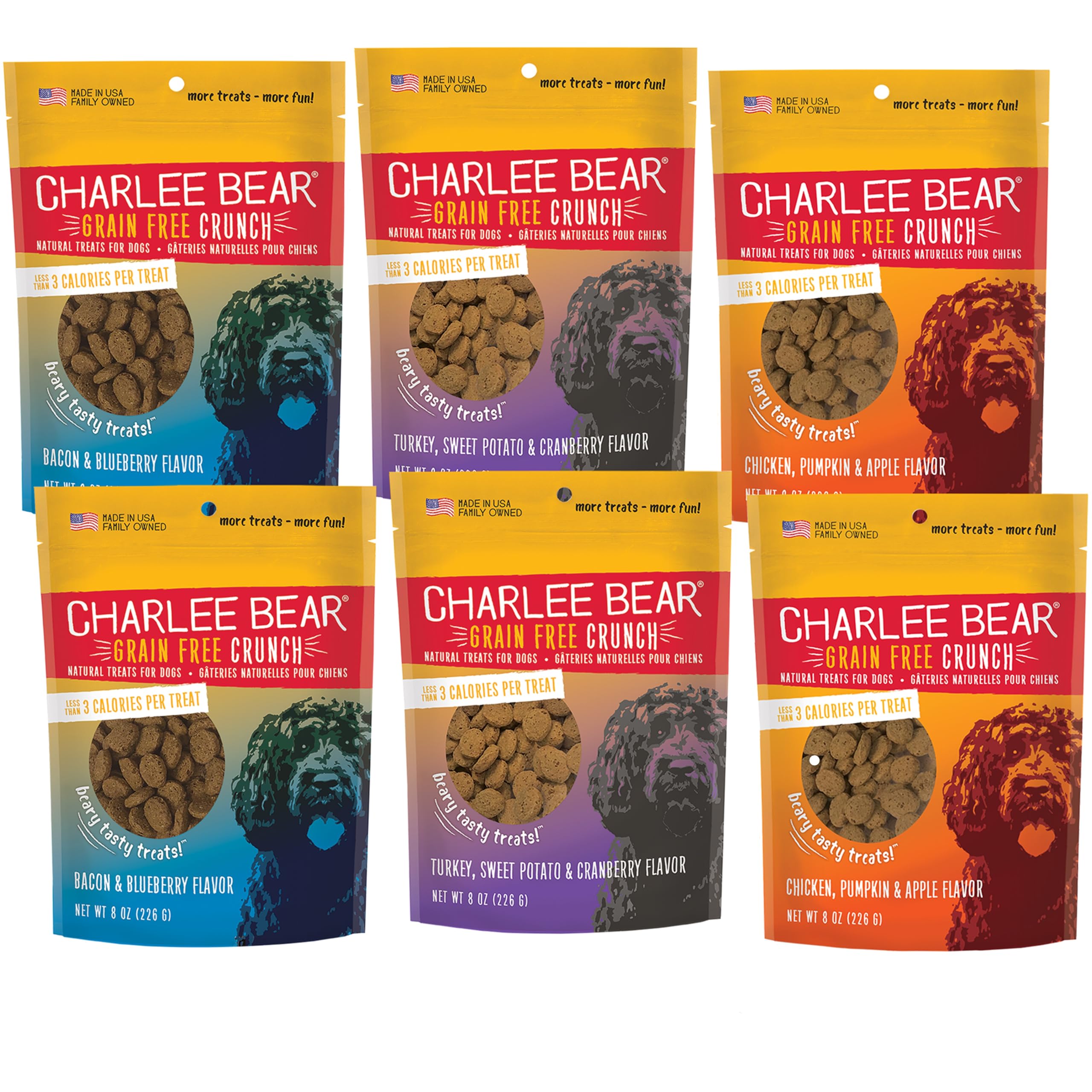 Charlee Bear Natural Dog Training Treats for Small, Medium & Large Breeds - Grain Free, Low Calorie Crunchy Dog Snacks - Made in USA - 3 Flavor Variety Pack (6 Bags, 8oz Each) - Perfect for Obedience Training & Positive Reinforcement