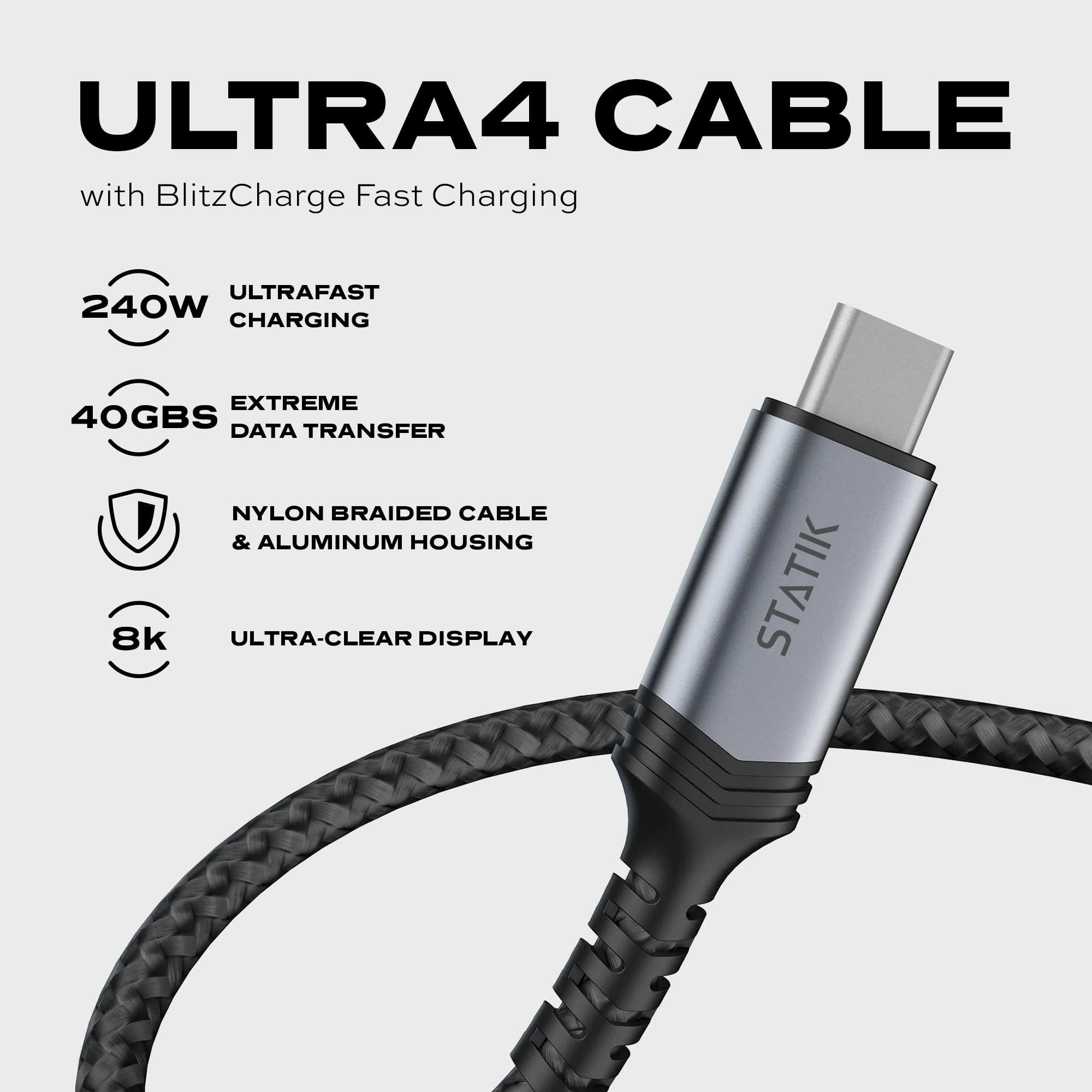 STATIK Ultra4 240W USB C to USB C Fast Charging Cable 3ft - 40Gbps High-Speed Data Transfer, BlitzCharge Technology, Supports 8K Video & HD Displays - Perfect for MacBook Pro, Galaxy S23, iPad Pro & USB-C Laptops