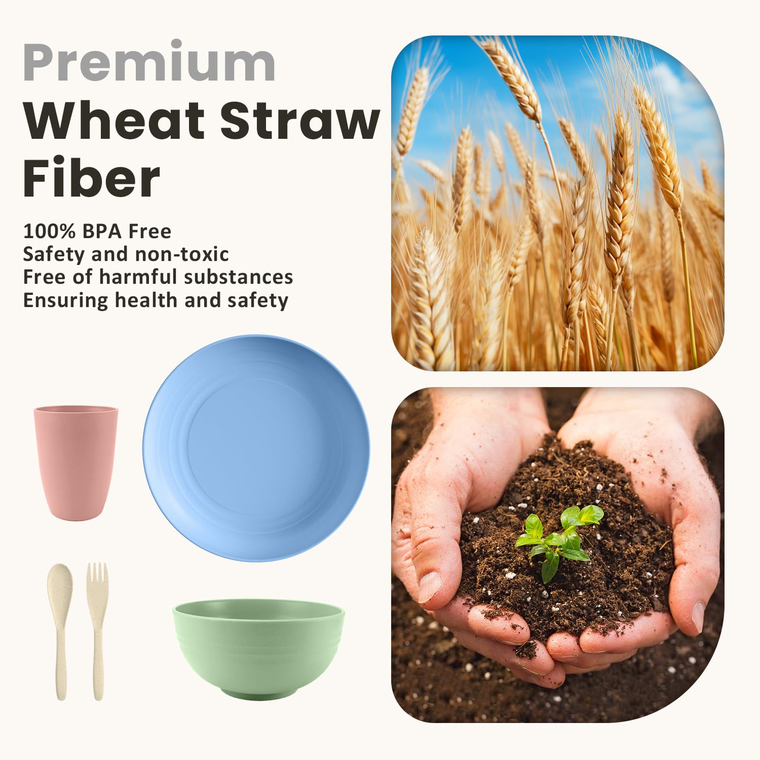 Eco-Friendly Wheat Straw Dinnerware Set - 20-Piece BPA-Free Plates & Bowls | Microwave & Dishwasher Safe | Unbreakable Reusable Tableware for Kitchen, Camping, Picnics & Outdoor Dining