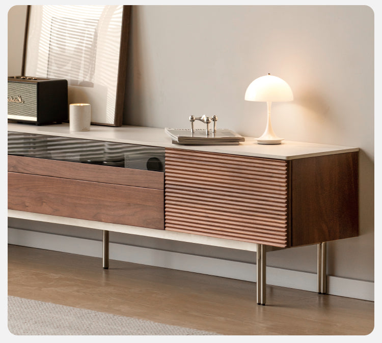 Modern Black Walnut Solid Wood TV Stand with Rock Panel Design - Stylish Entertainment Center for Living Room, Home Theater & Media Storage