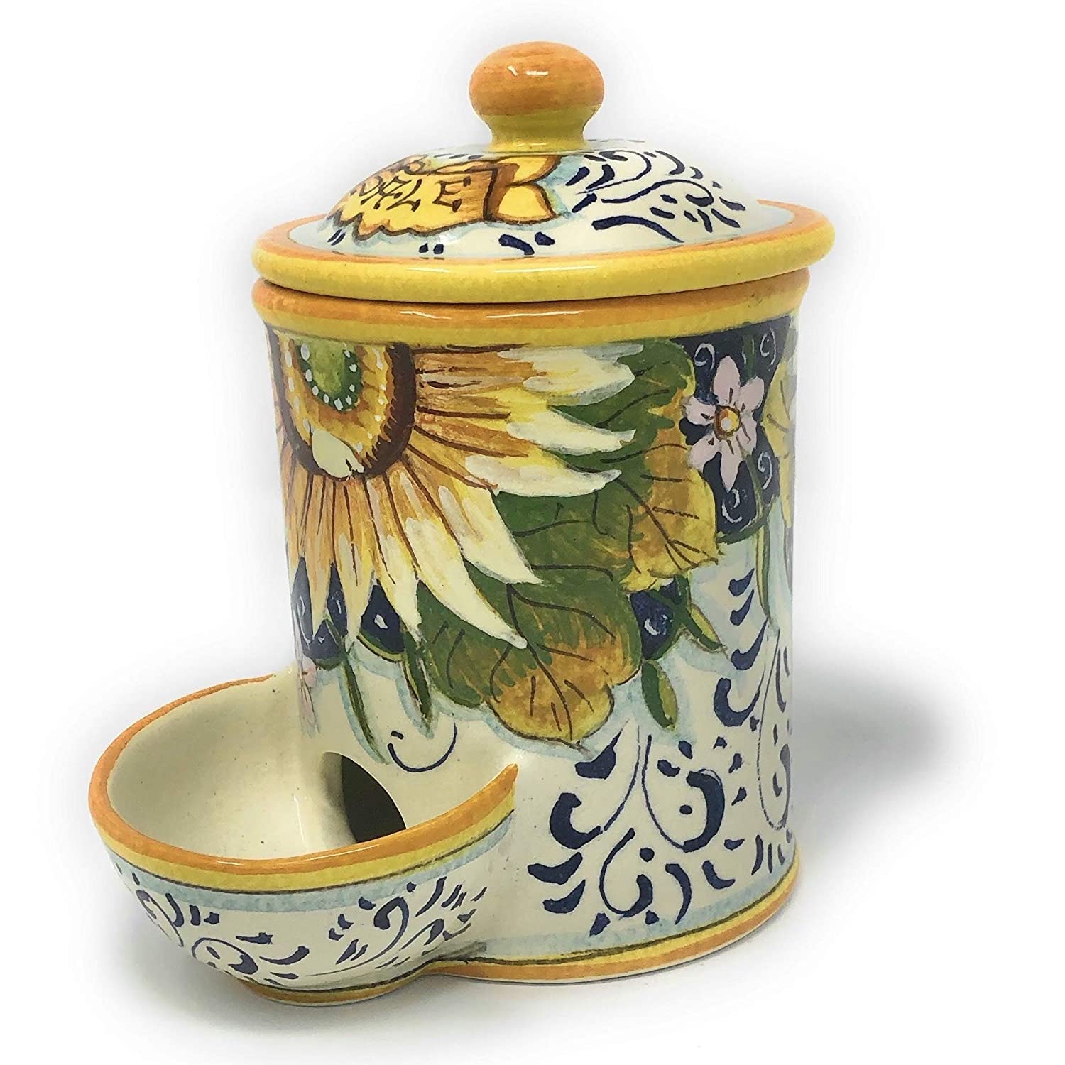 Hand-Painted Italian Ceramic Jar - Tuscan Sunflower Landscape Salt Holder | Artisanal Tuscan Pottery Made in Italy | Perfect for Kitchen Decor & Tabletop Display