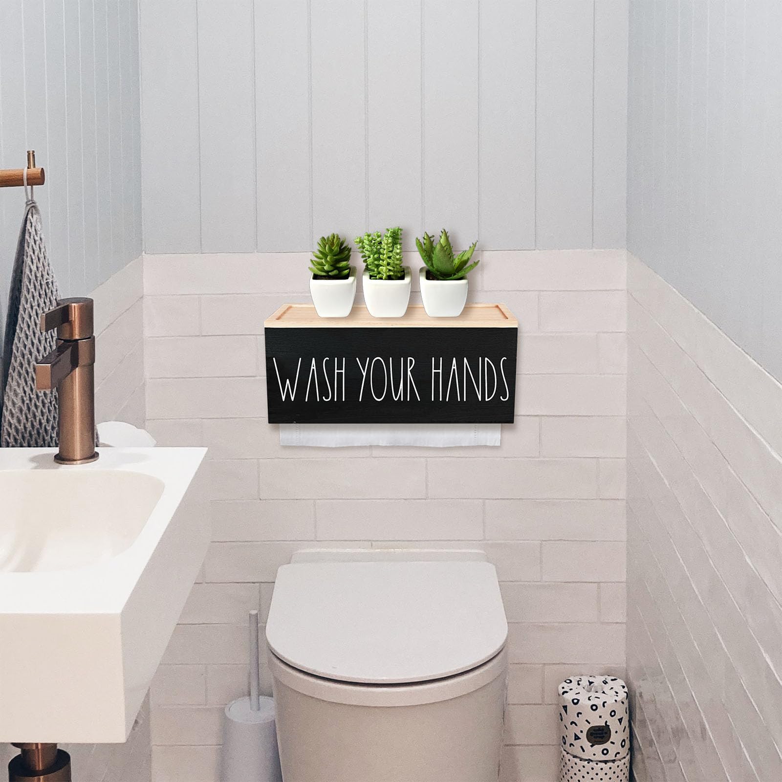 Farmhouse Paper Towel Dispenser with Lid - Wall Mount or Countertop Holder for Multifold, C Fold, Z Fold & Trifold Hand Towels - Ideal for Kitchen, Bathroom & Commercial Use (Black)