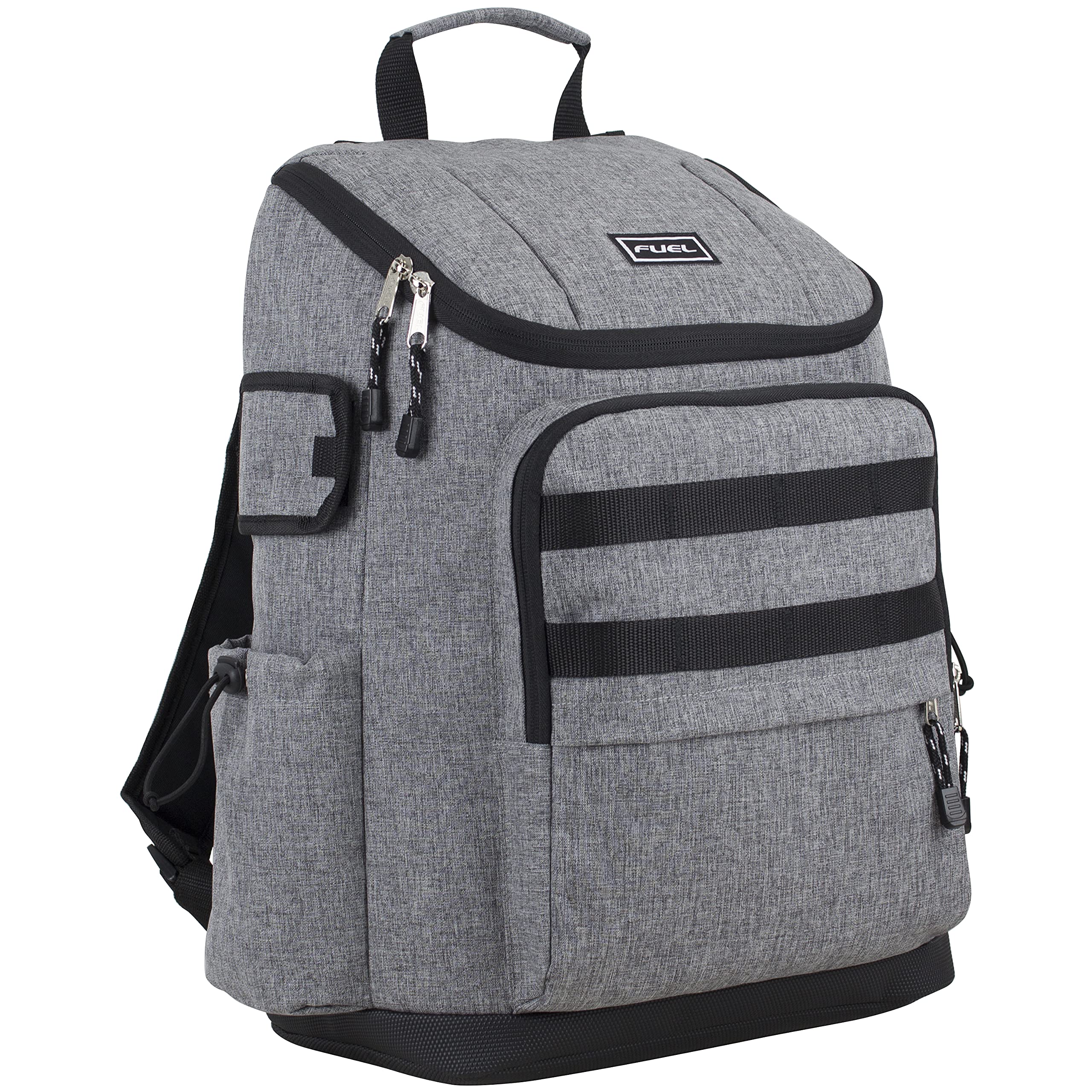 FUEL Multi-Pocket Cargo Travel Backpack - Waterproof Laptop Bag with Top-Loader Entry & USB Charging Port - Black Gray Chambray - Perfect for Business Trips, Hiking & College Students