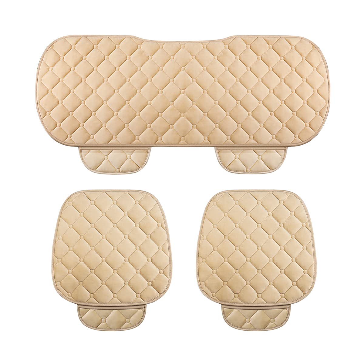 3PCS Velvet Breathable Car Seat Cushion Set with Memory Foam & Non-Slip Bottom - Front & Back Seat Protector for Cars, SUVs, Trucks | Comfortable Driving & Long Trip Support (Beige)