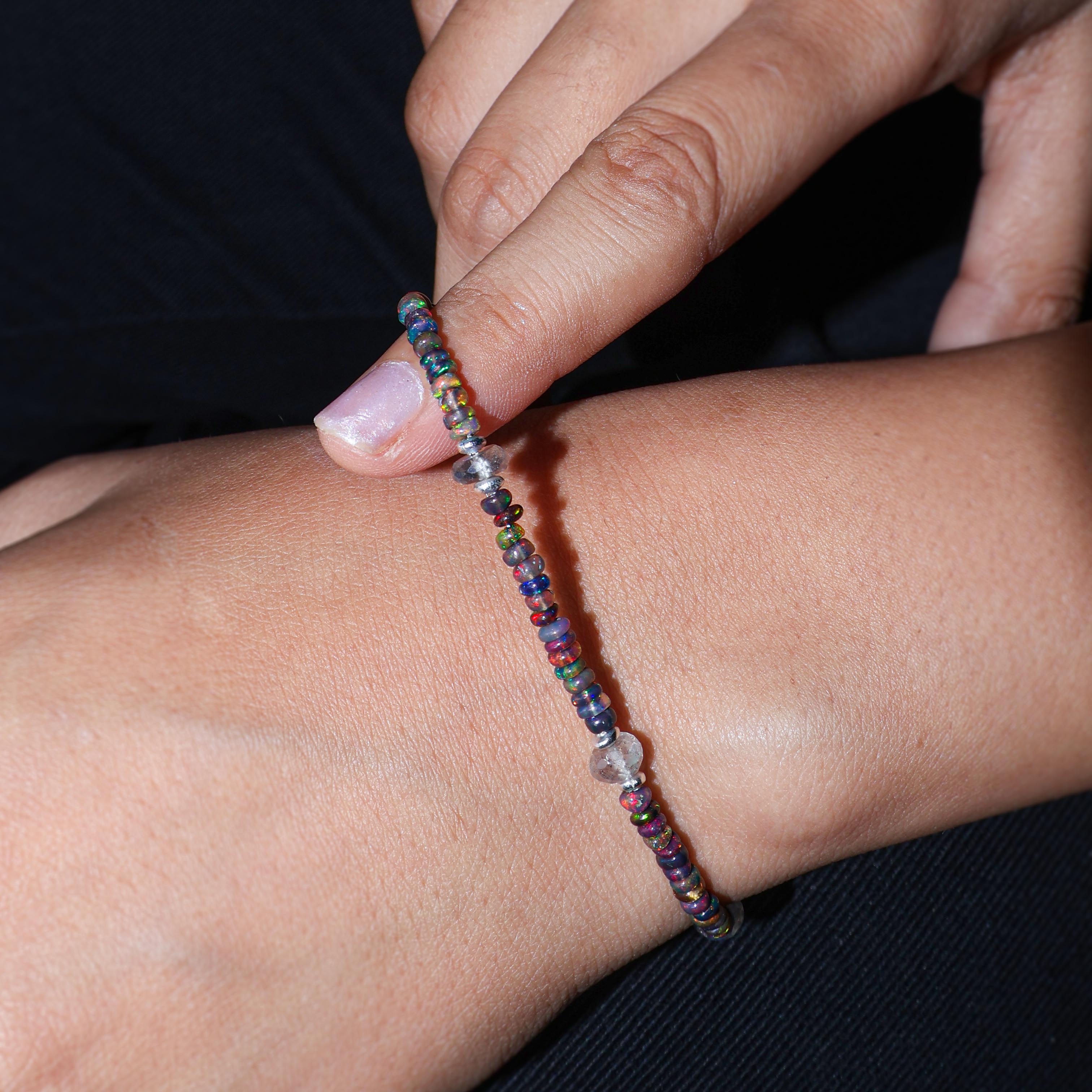 Natural Black Opal & Moonstone Dual Beaded Bracelet for Women - Handmade Healing Crystal Jewelry for Spiritual Protection, Meditation & Everyday Wear