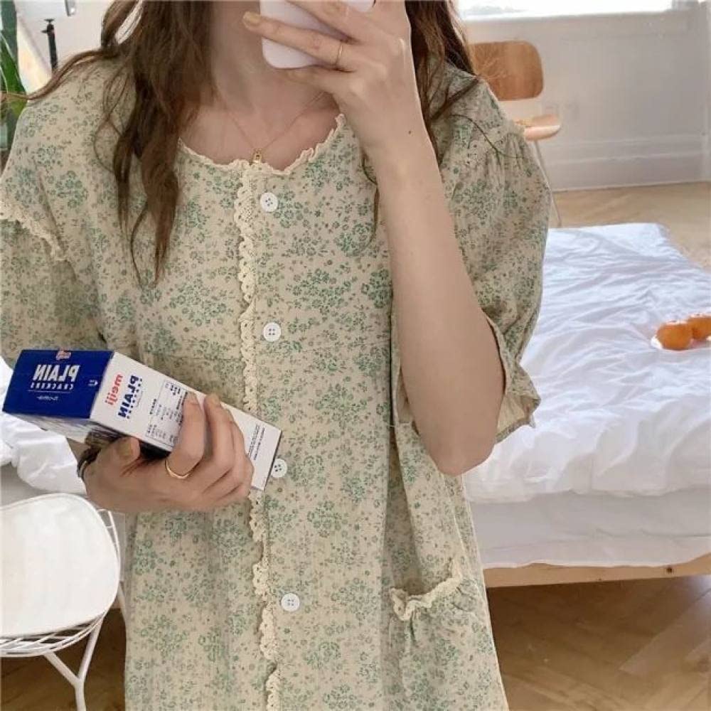 AUBERSIT Women's Floral Print Cotton Nightgown - Vintage Lace Sleepwear Long One-Piece Dress, Green XL - Perfect for Relaxing at Home, Lounging & Comfortable Sleep