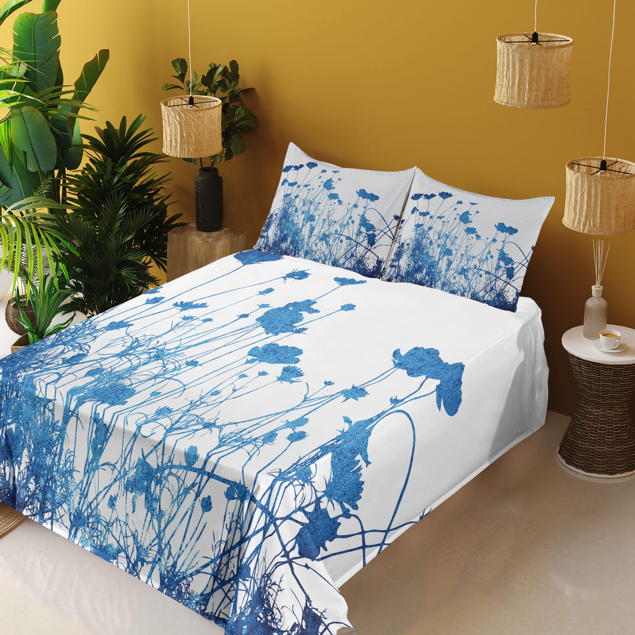 Ambesonne Abstract Floral Sheet Set - King Size 4 Piece Bedding with Wildflower Garden Design, Fitted & Flat Sheets + Pillowcases - White & Blue Botanical Print | Perfect for Master Bedrooms, Guest Rooms & Summer Home Decor