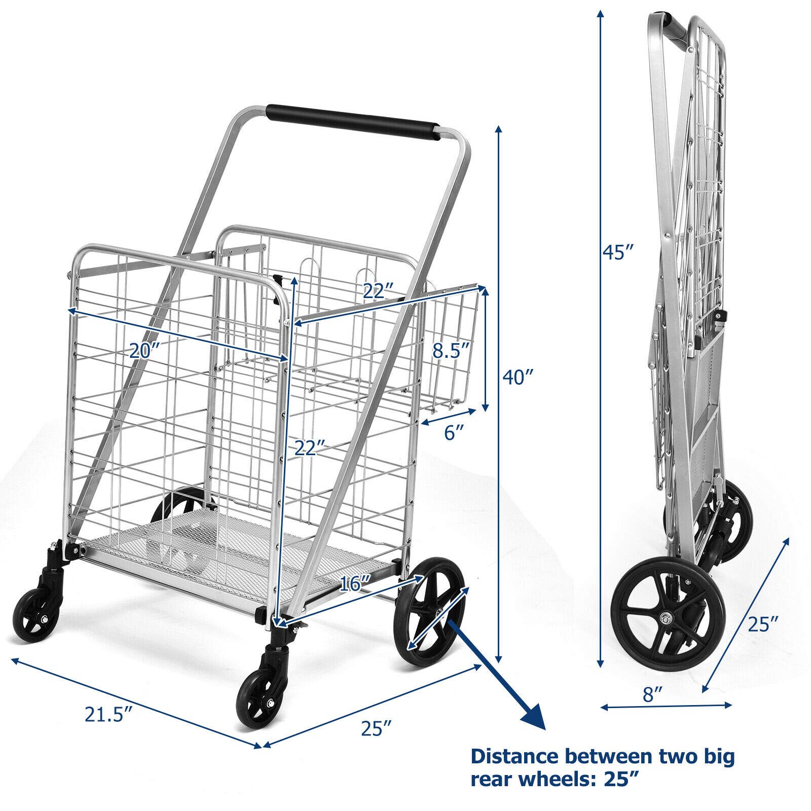 Silver Folding Grocery Shopping Cart - Heavy Duty Steel Rolling Utility Cart with Spacious Front Basket & Extra Back Basket - Perfect for Grocery Shopping, Laundry, Gardening & Outdoor Use
